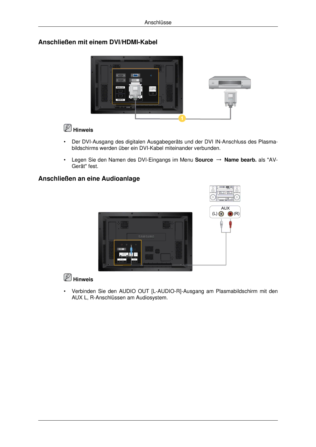 Samsung PH42KPPLBC/EN manual Anschließen mit einem DVI/HDMI-Kabel, Anschließen an eine Audioanlage 