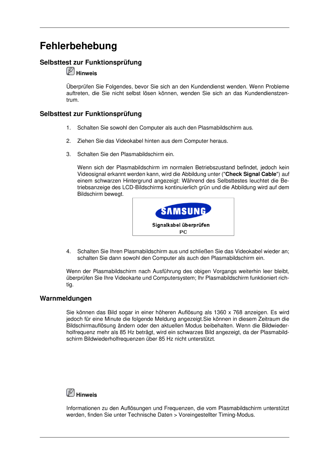 Samsung PH42KPPLBC/EN manual Selbsttest zur Funktionsprüfung, Warnmeldungen 