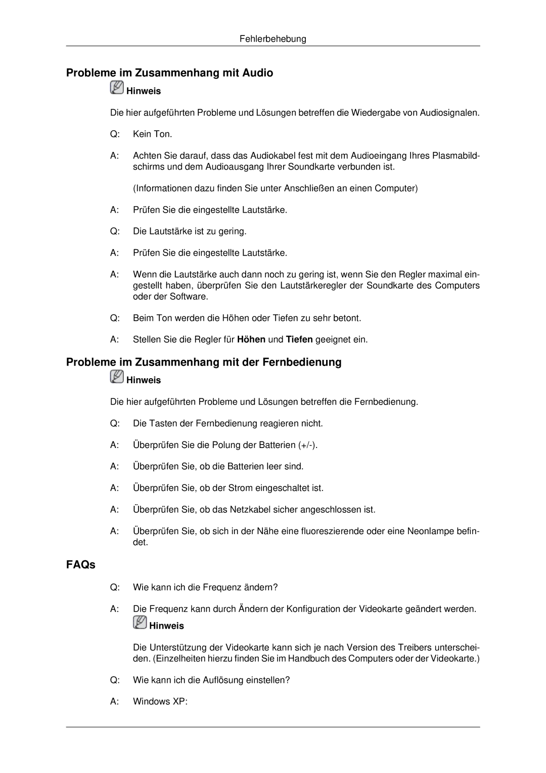 Samsung PH42KPPLBC/EN manual Probleme im Zusammenhang mit Audio, Probleme im Zusammenhang mit der Fernbedienung, FAQs 