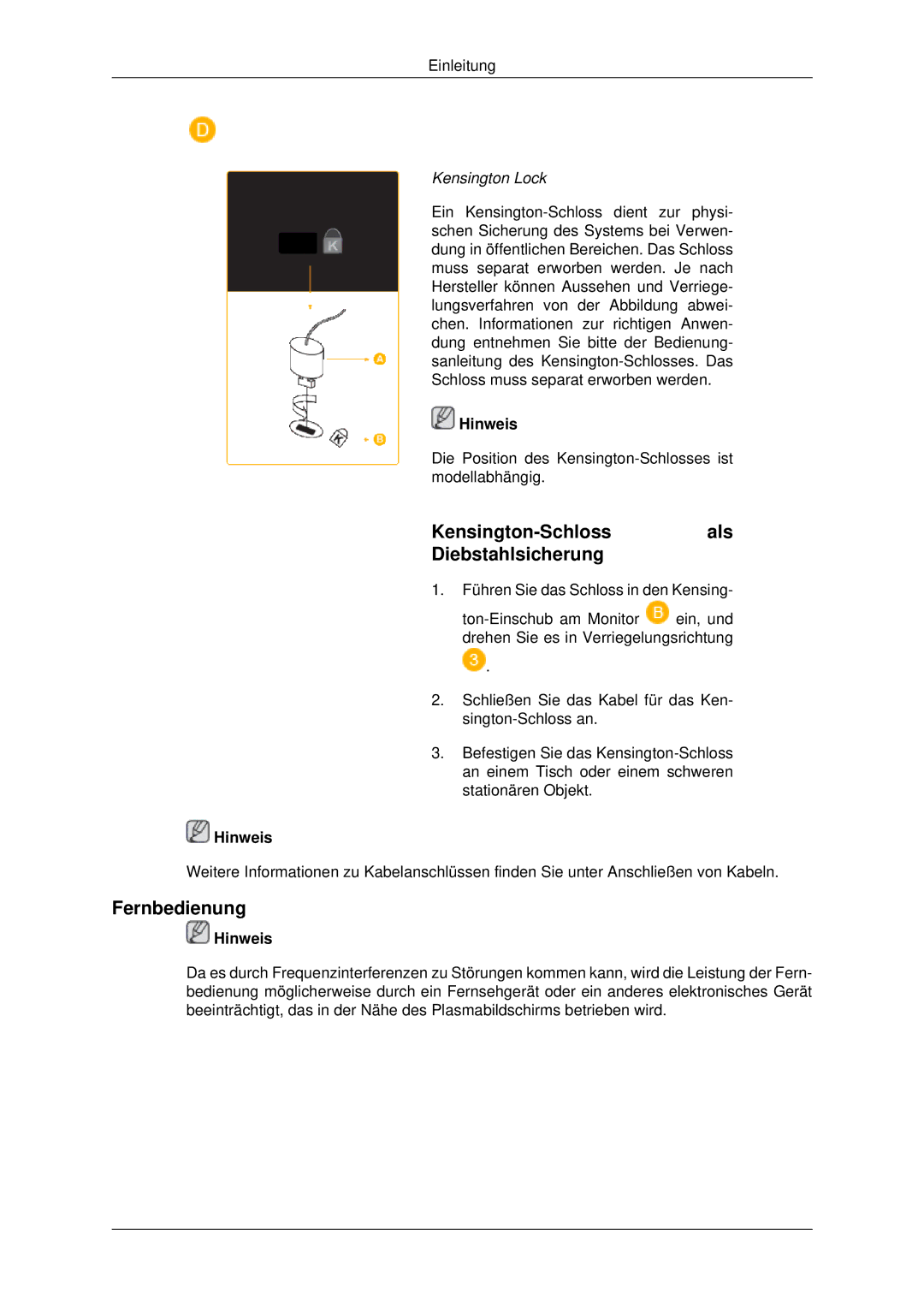 Samsung PH42KPPLBC/EN manual Kensington-Schlossals Diebstahlsicherung, Fernbedienung 