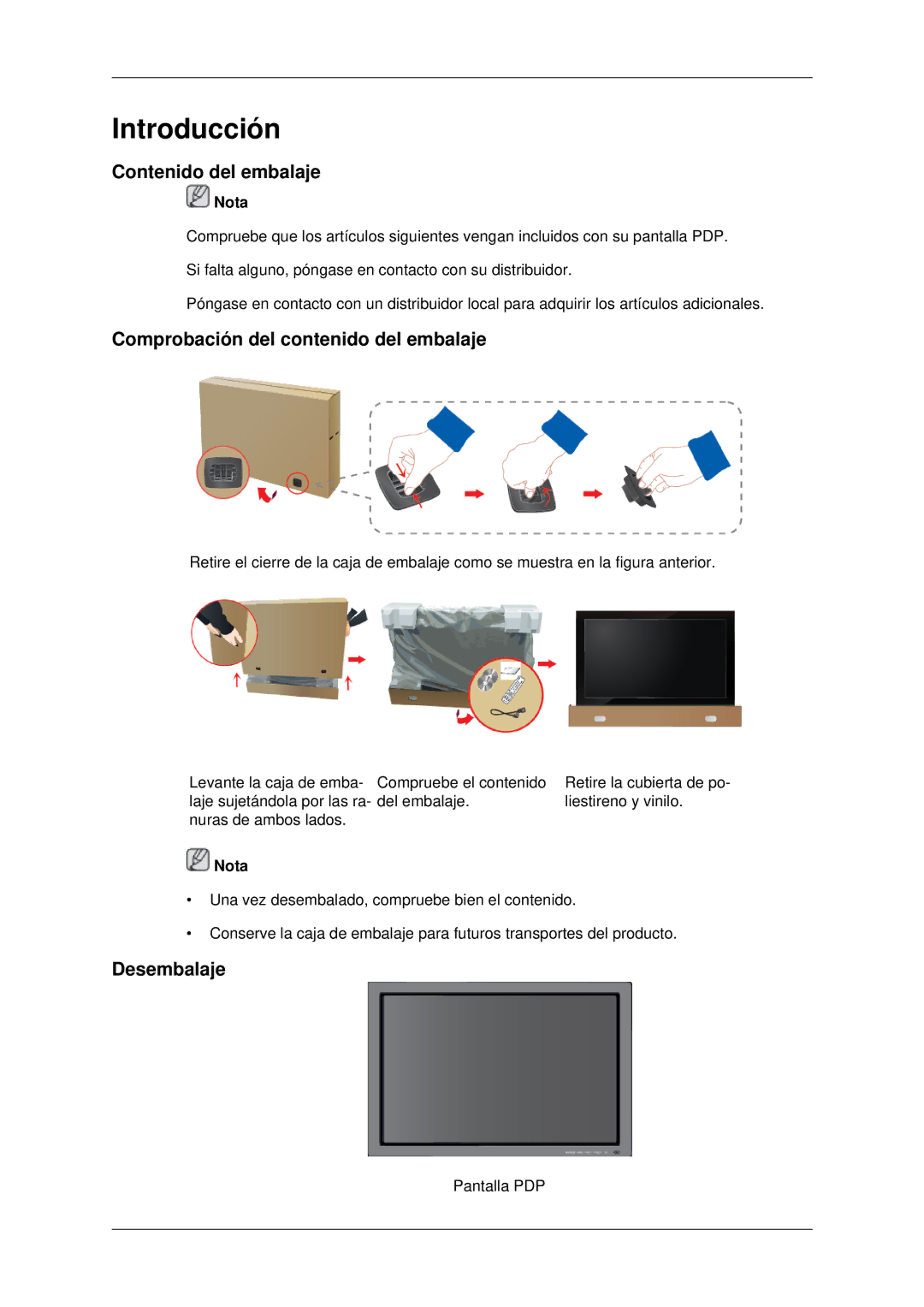 Samsung PH42KPPLBC/EN manual Contenido del embalaje, Comprobación del contenido del embalaje, Desembalaje, Nota 