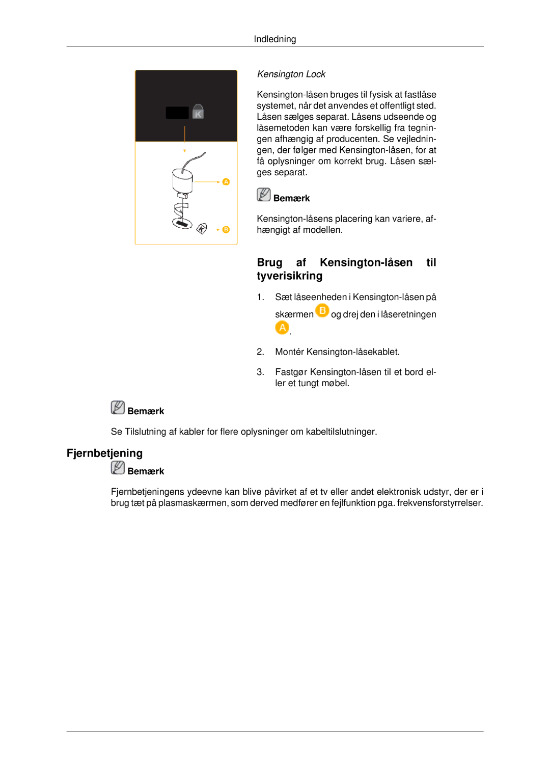 Samsung PH42KPPLBC/EN manual Brug af Kensington-låsen til tyverisikring, Fjernbetjening 