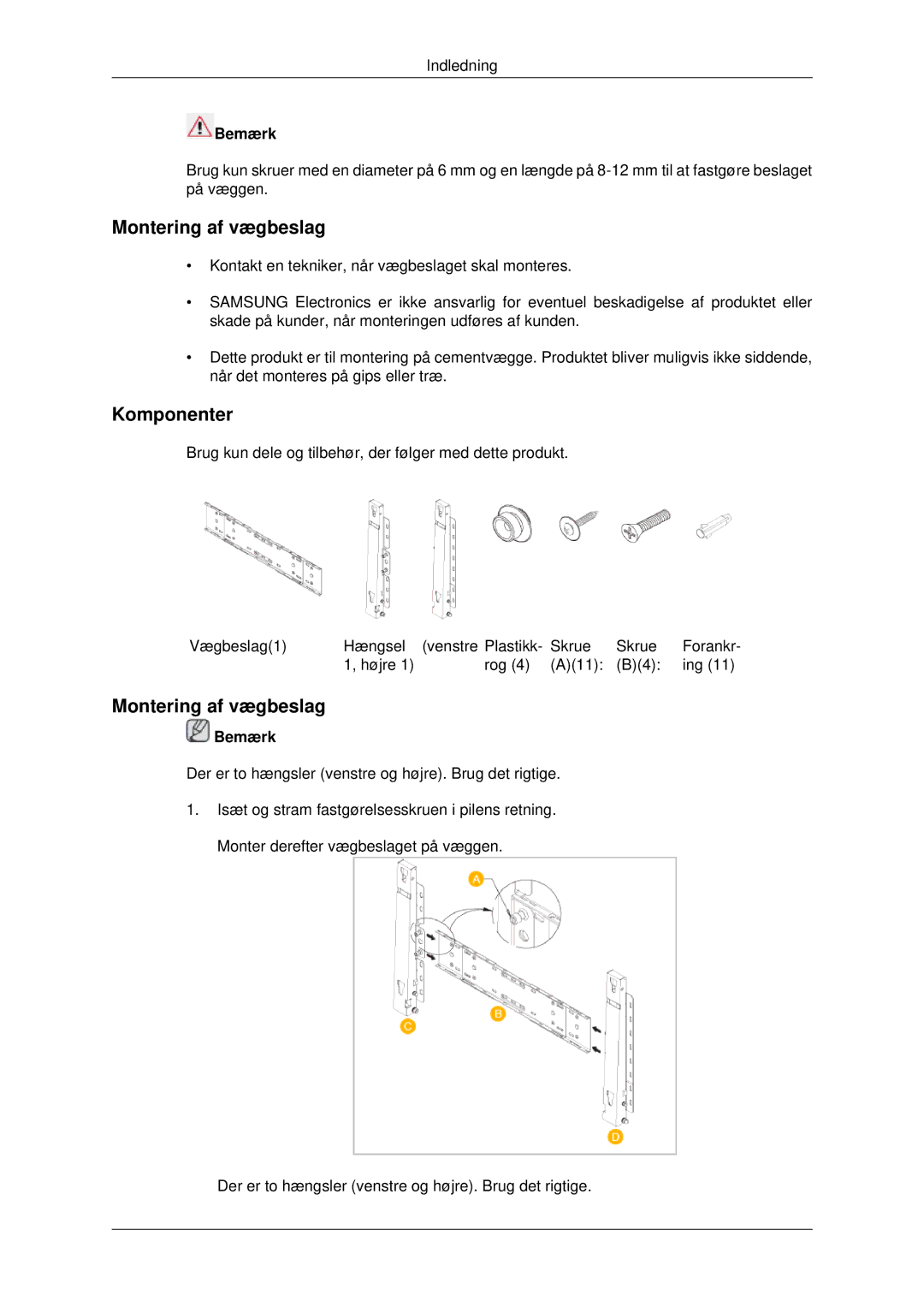 Samsung PH42KPPLBC/EN manual Montering af vægbeslag, Komponenter 