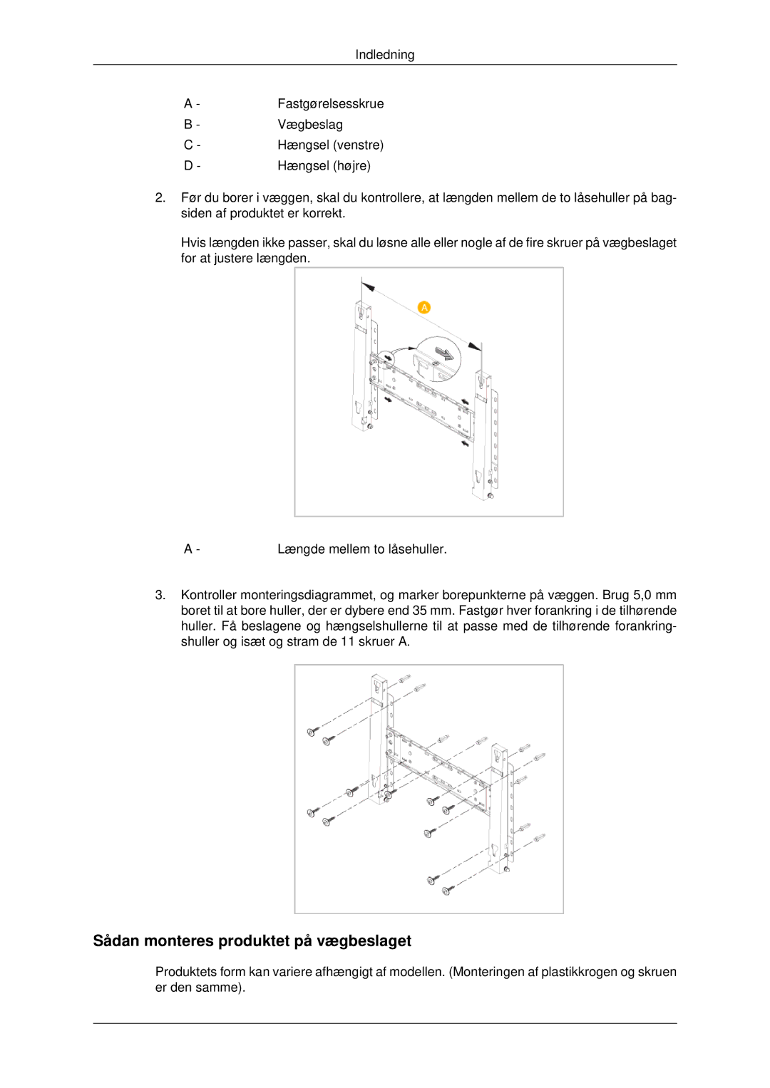 Samsung PH42KPPLBC/EN manual Sådan monteres produktet på vægbeslaget 