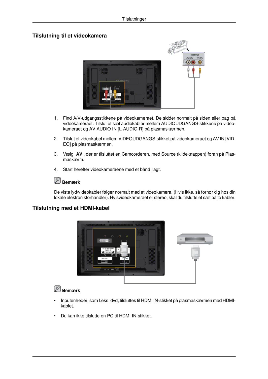 Samsung PH42KPPLBC/EN manual Tilslutning til et videokamera, Tilslutning med et HDMI-kabel 