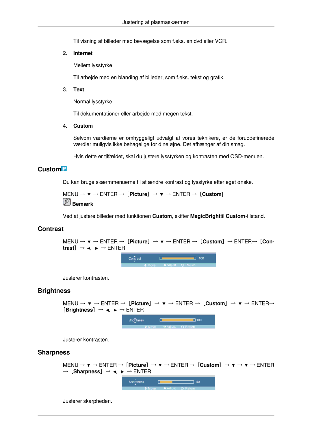 Samsung PH42KPPLBC/EN manual Custom, Contrast, Brightness, Sharpness 