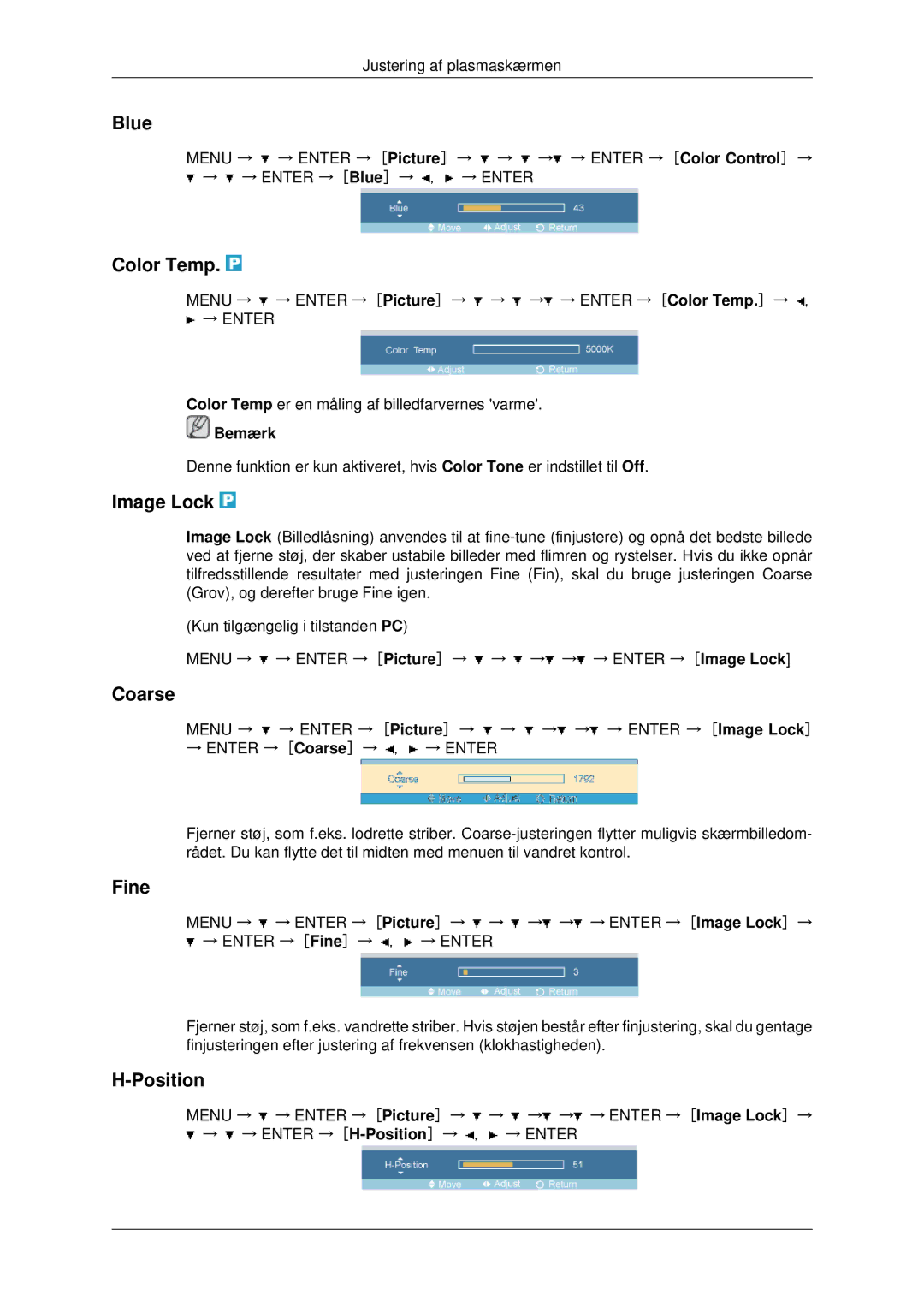 Samsung PH42KPPLBC/EN manual Blue, Color Temp, Image Lock, Coarse, Fine, Position 