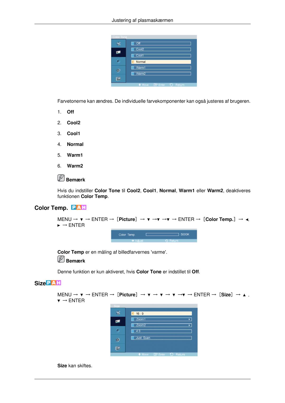 Samsung PH42KPPLBC/EN manual Off Cool2 Cool1 Normal Warm1 Warm2 Bemærk, Menu → → Enter → Picture → → → → → Enter → Size → 