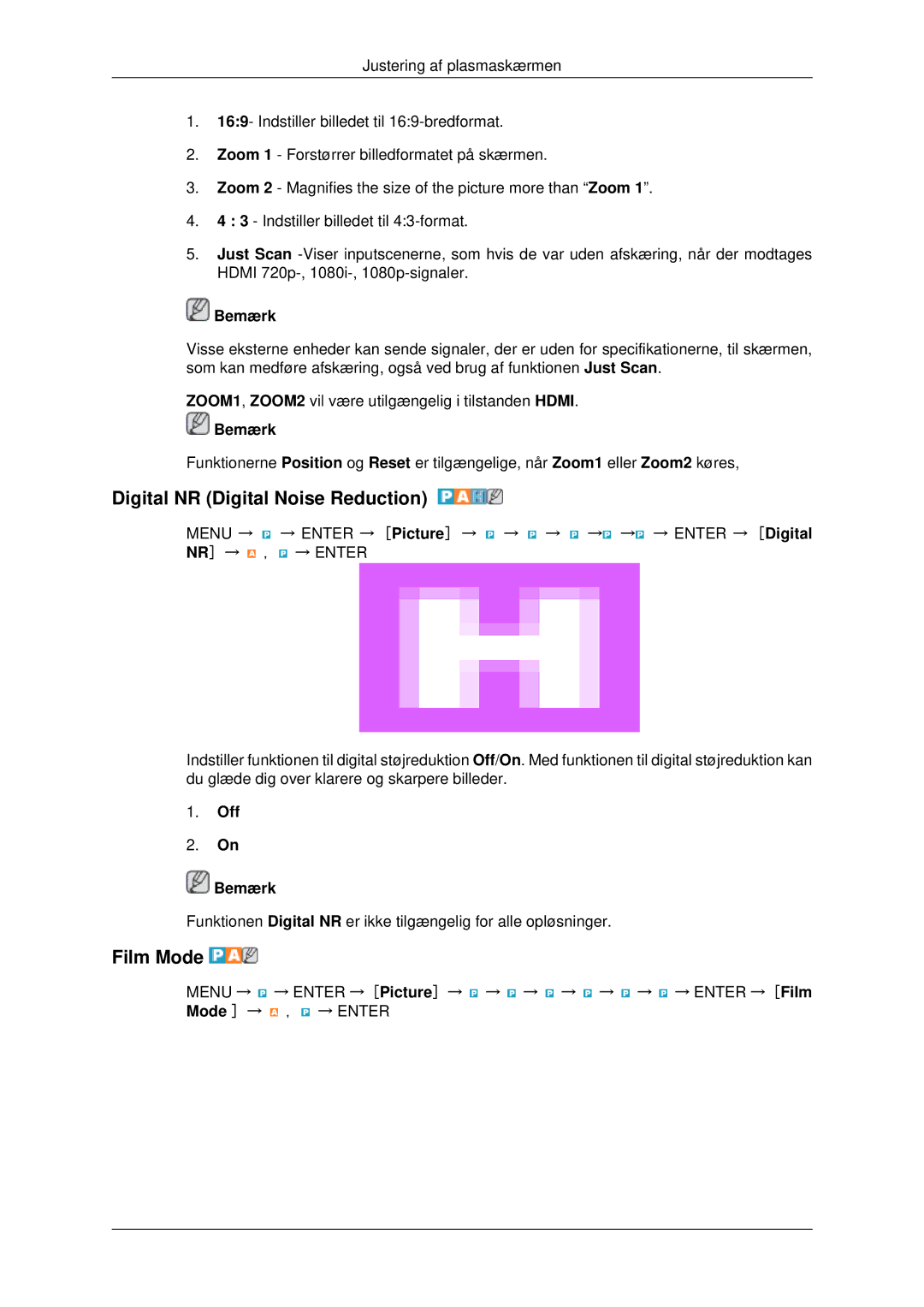 Samsung PH42KPPLBC/EN manual Digital NR Digital Noise Reduction, Film Mode, Off Bemærk 