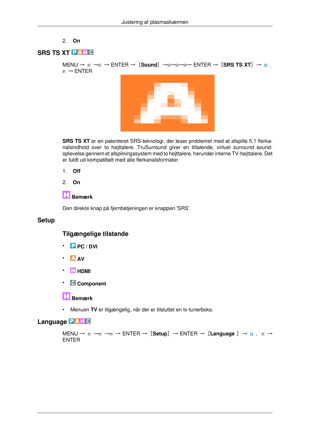 Samsung PH42KPPLBC/EN manual Setup Tilgængelige tilstande, Language 