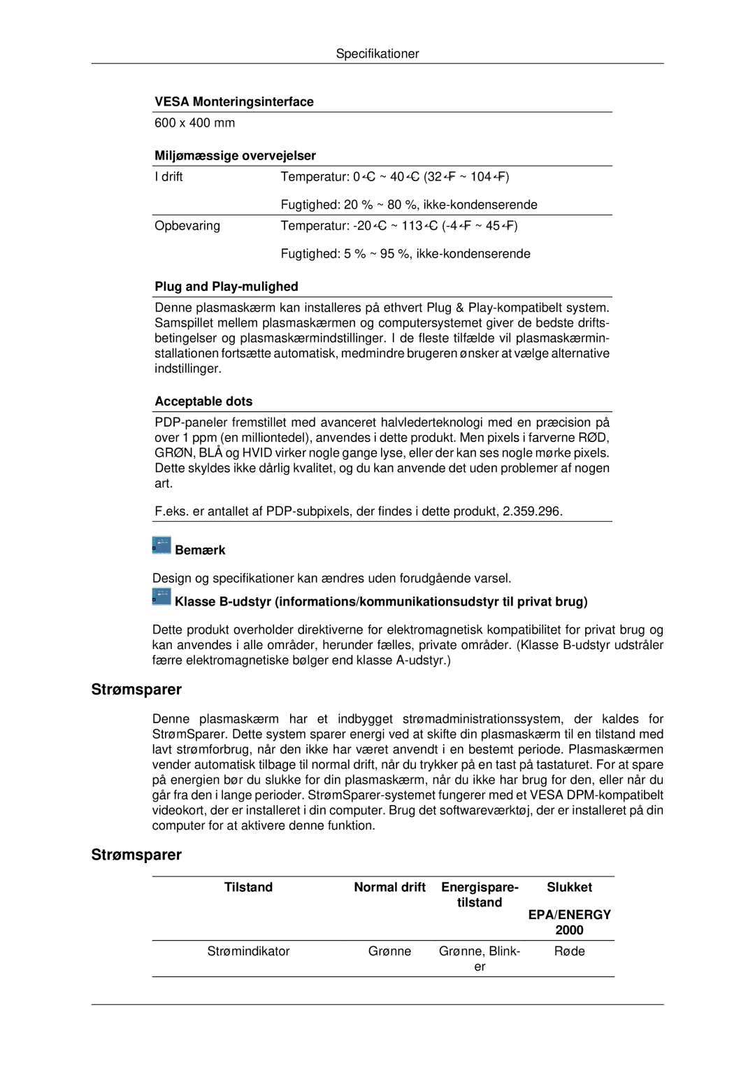 Samsung PH42KPPLBC/EN manual Strømsparer 