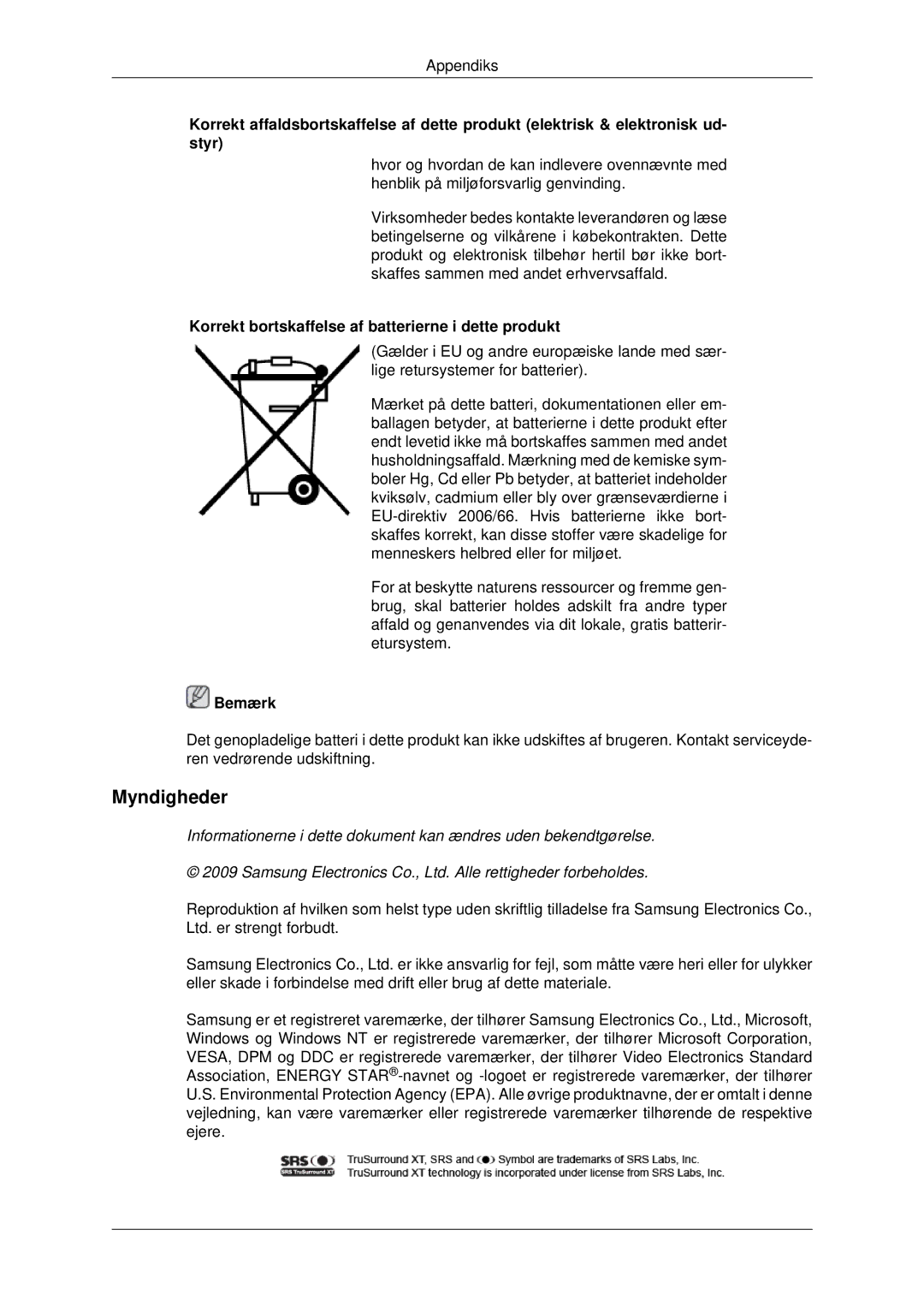 Samsung PH42KPPLBC/EN manual Myndigheder, Korrekt bortskaffelse af batterierne i dette produkt 