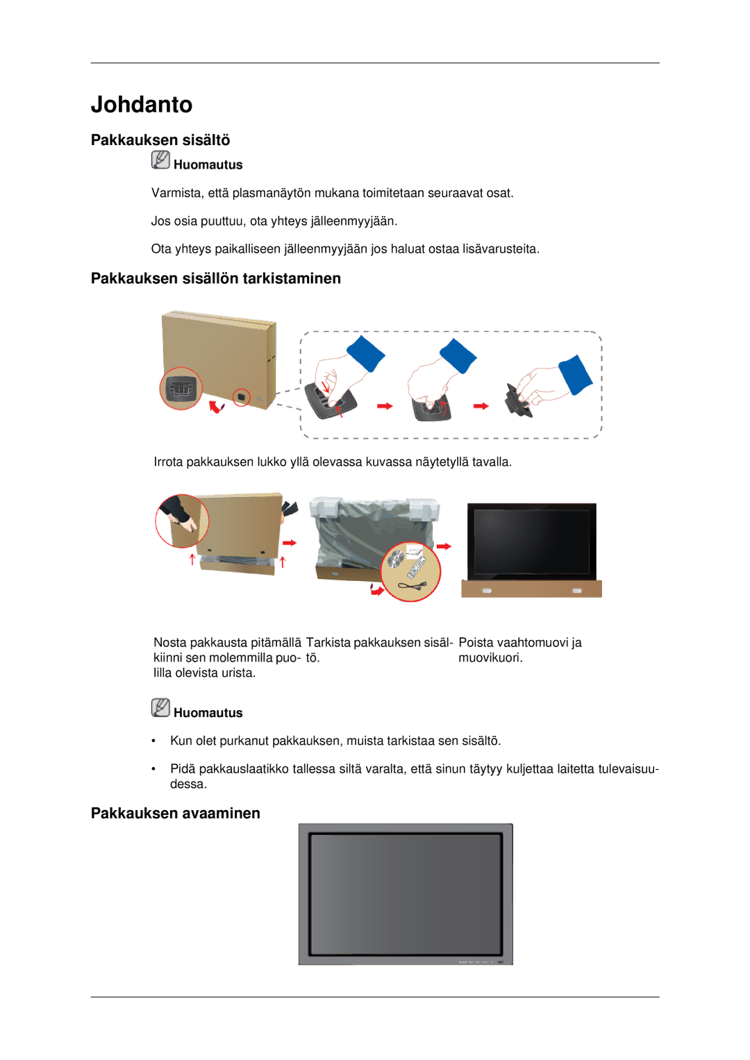 Samsung PH42KPPLBC/EN manual Pakkauksen sisältö, Pakkauksen sisällön tarkistaminen, Pakkauksen avaaminen 