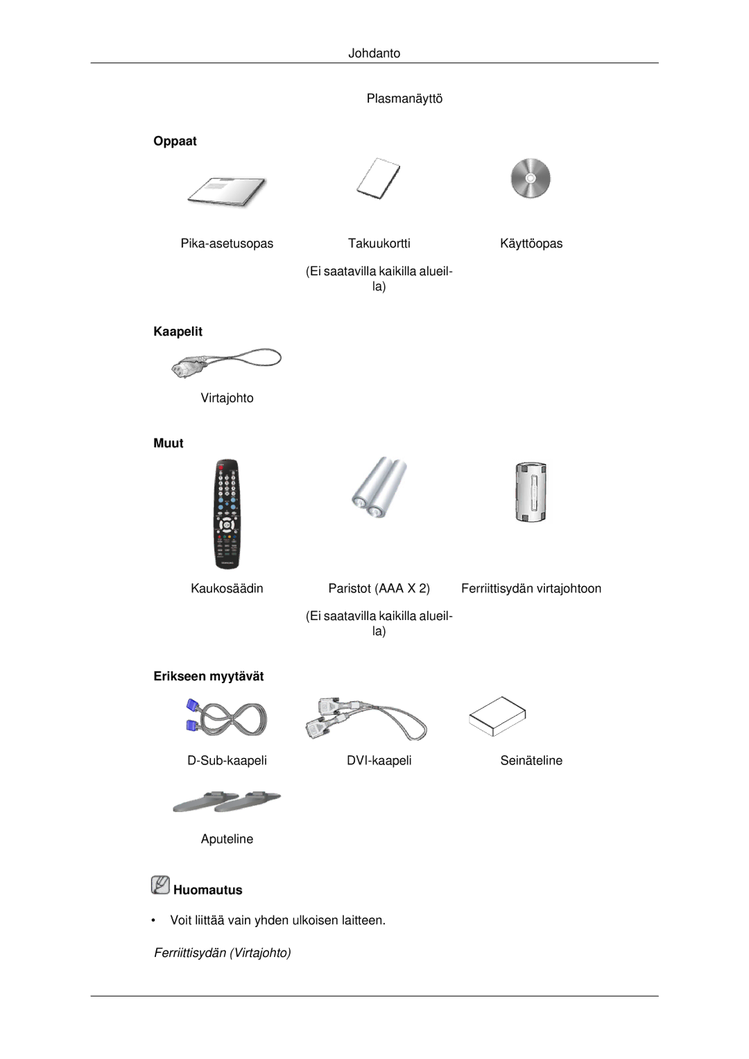 Samsung PH42KPPLBC/EN manual Oppaat, Kaapelit, Muut, Erikseen myytävät 