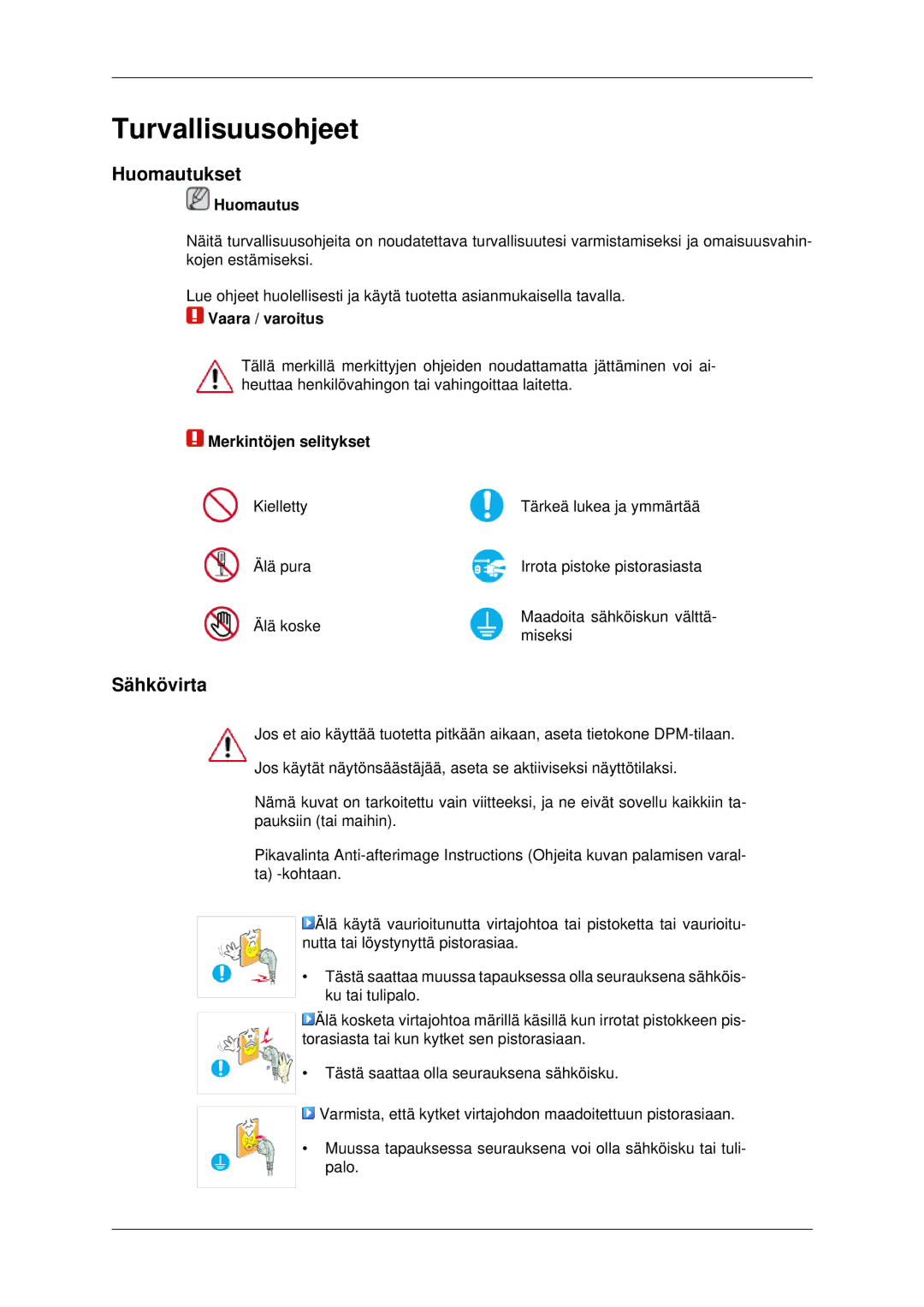 Samsung PH42KPPLBC/EN manual Huomautukset, Sähkövirta, Huomautus, Vaara / varoitus, Merkintöjen selitykset 