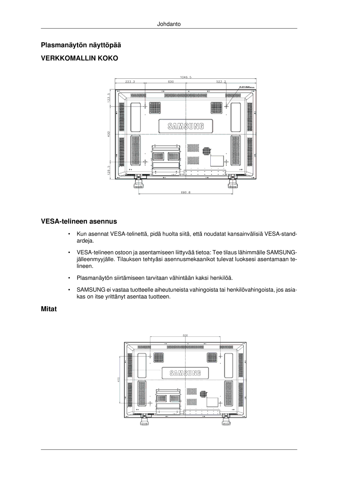 Samsung PH42KPPLBC/EN manual Plasmanäytön näyttöpää, VESA-telineen asennus, Mitat 