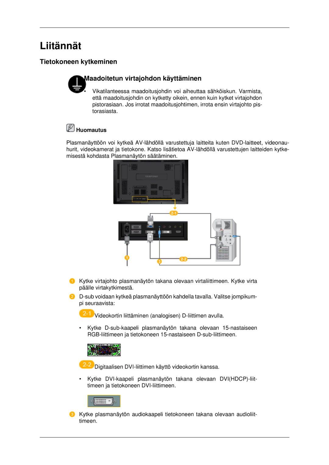 Samsung PH42KPPLBC/EN manual Liitännät, Tietokoneen kytkeminen Maadoitetun virtajohdon käyttäminen 