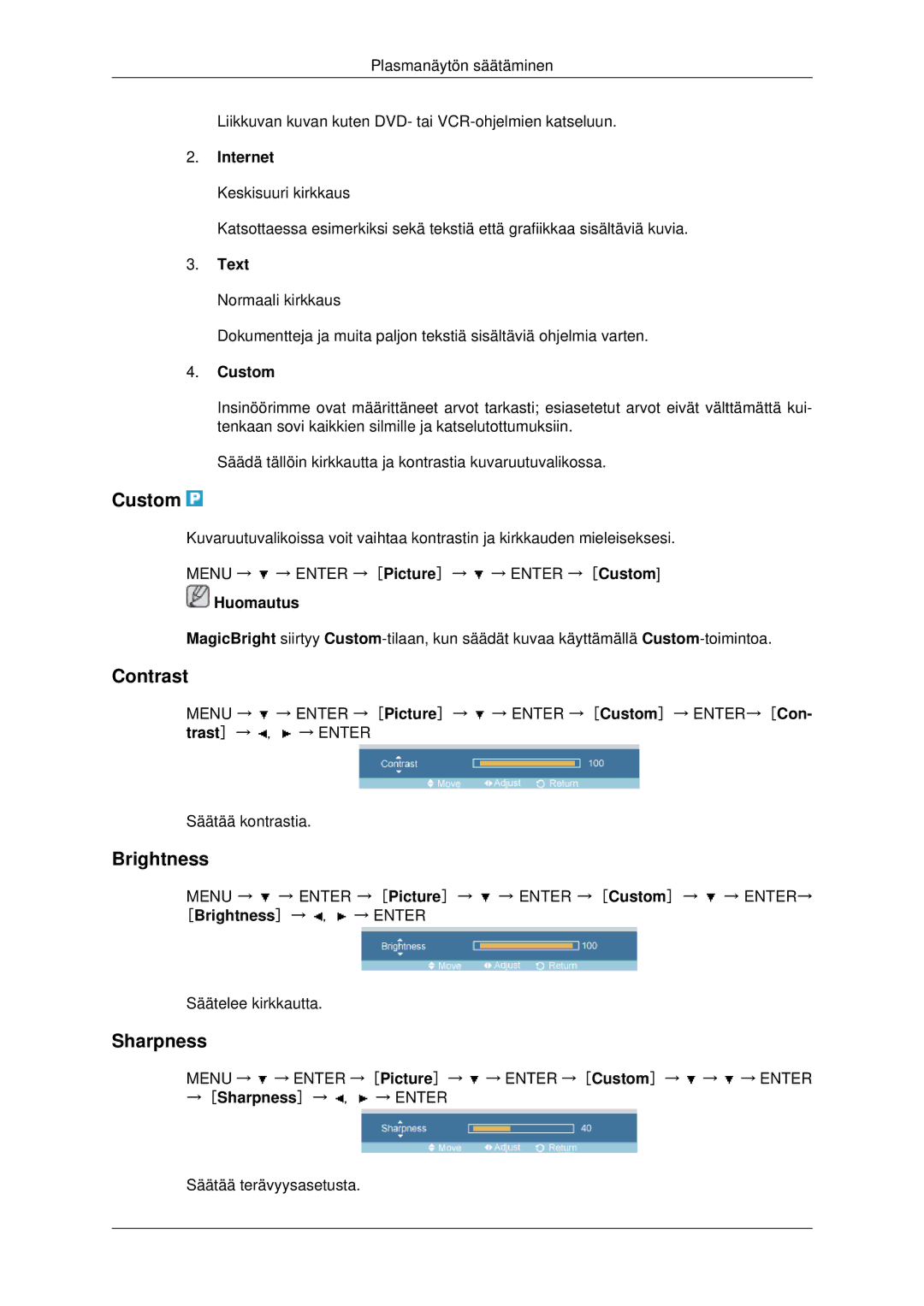 Samsung PH42KPPLBC/EN manual Custom, Contrast, Brightness, Sharpness 