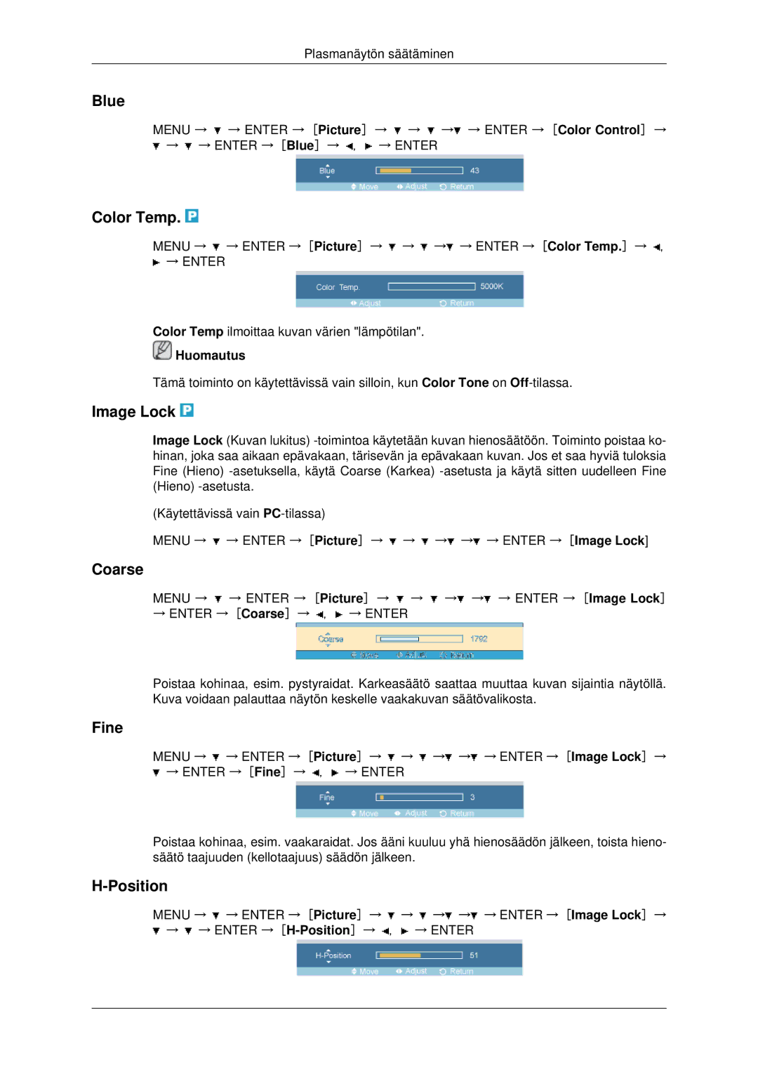 Samsung PH42KPPLBC/EN manual Blue, Color Temp, Image Lock, Coarse, Fine, Position 