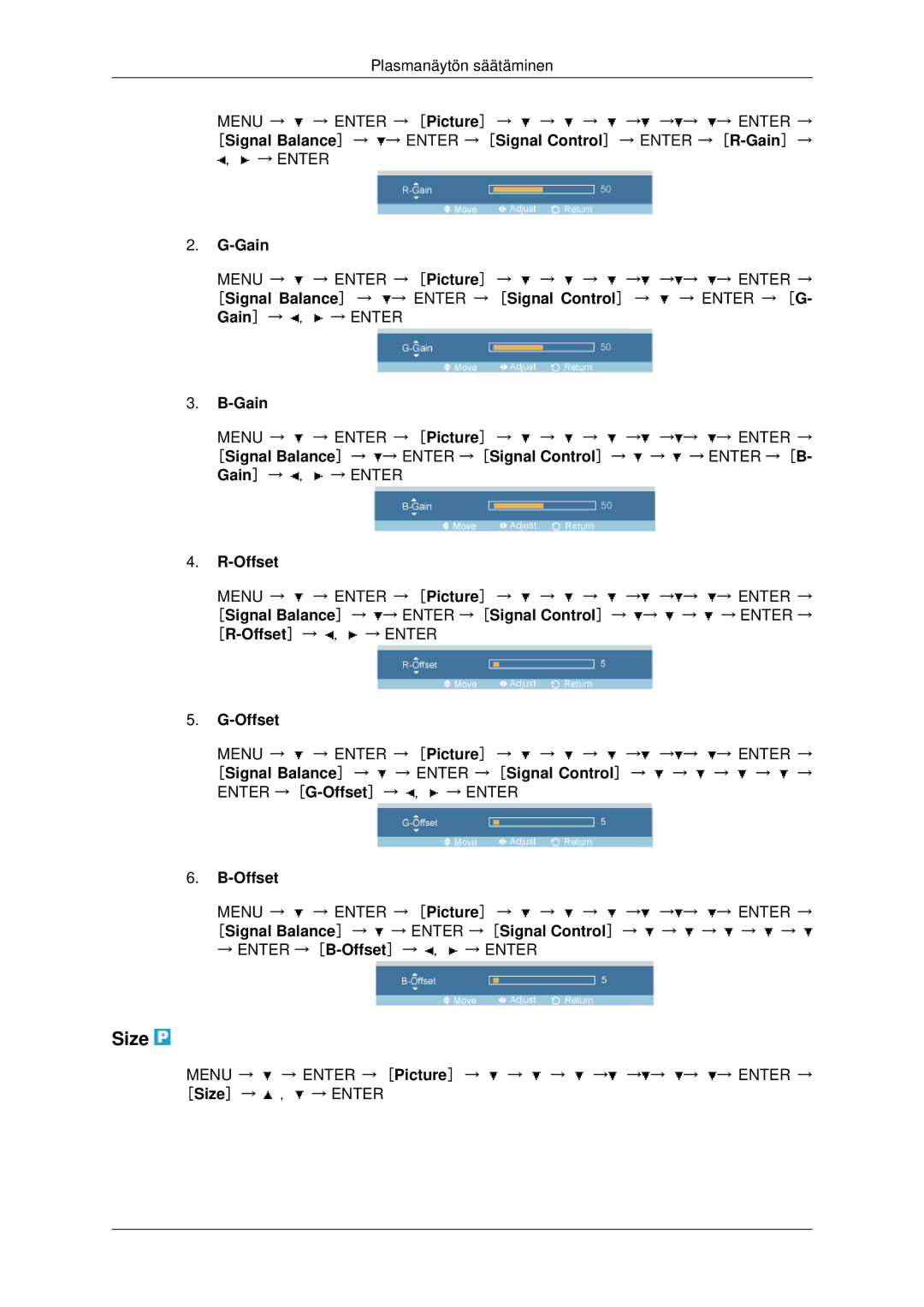 Samsung PH42KPPLBC/EN manual Size, Offset, Signal Balance → → Enter → Signal Control → → → → → 