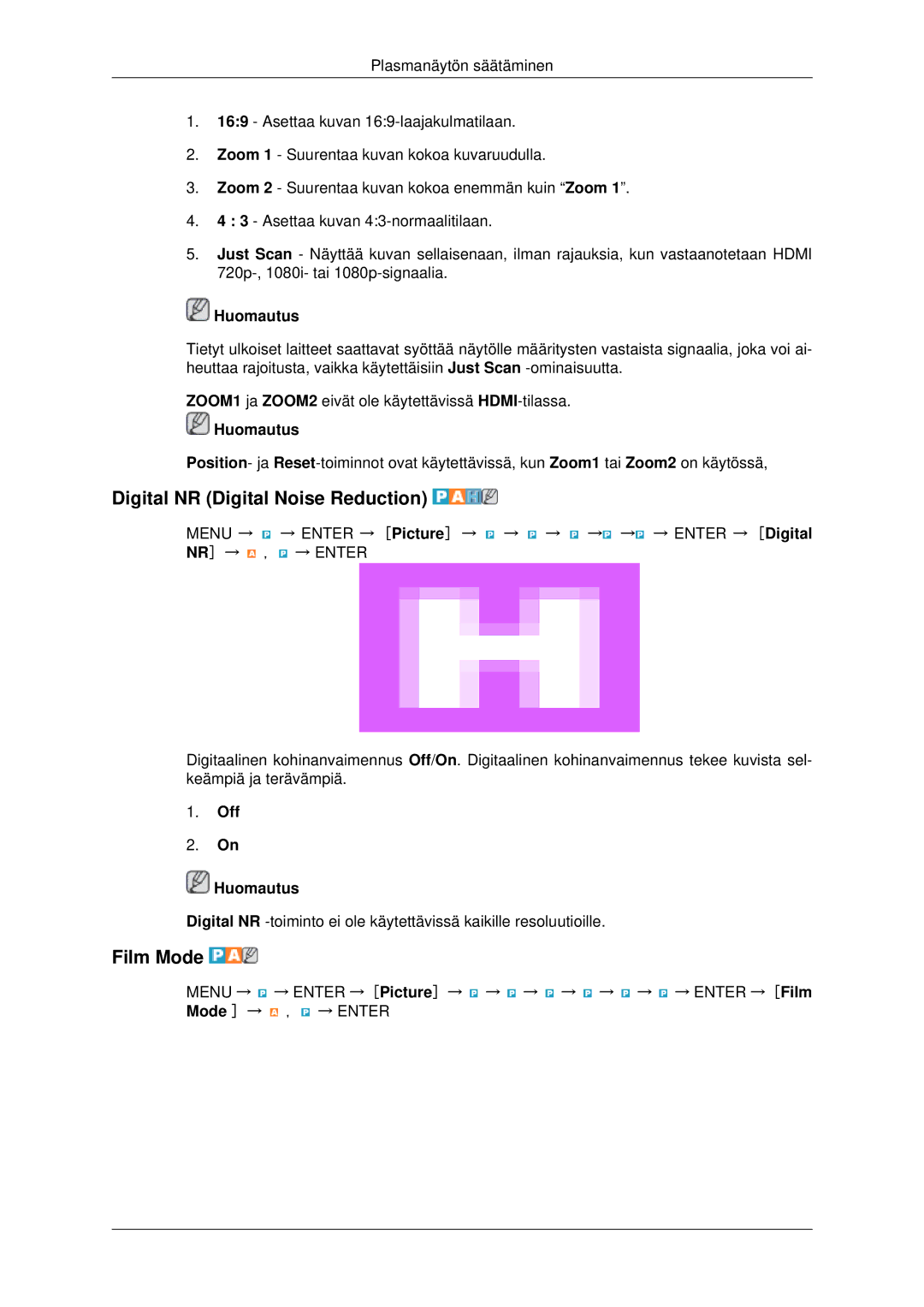 Samsung PH42KPPLBC/EN manual Digital NR Digital Noise Reduction, Film Mode, Off Huomautus 