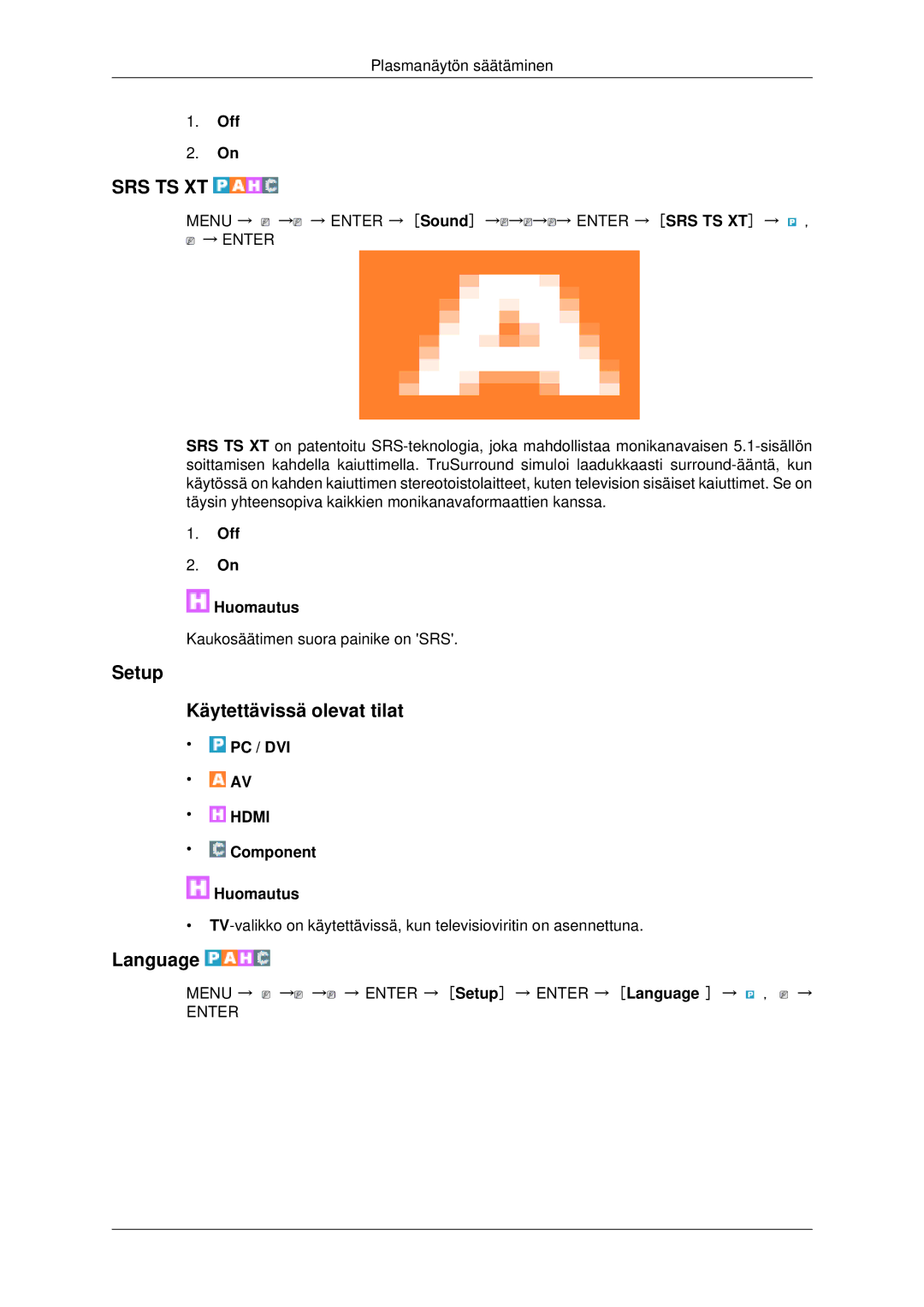 Samsung PH42KPPLBC/EN manual Setup Käytettävissä olevat tilat, Language 