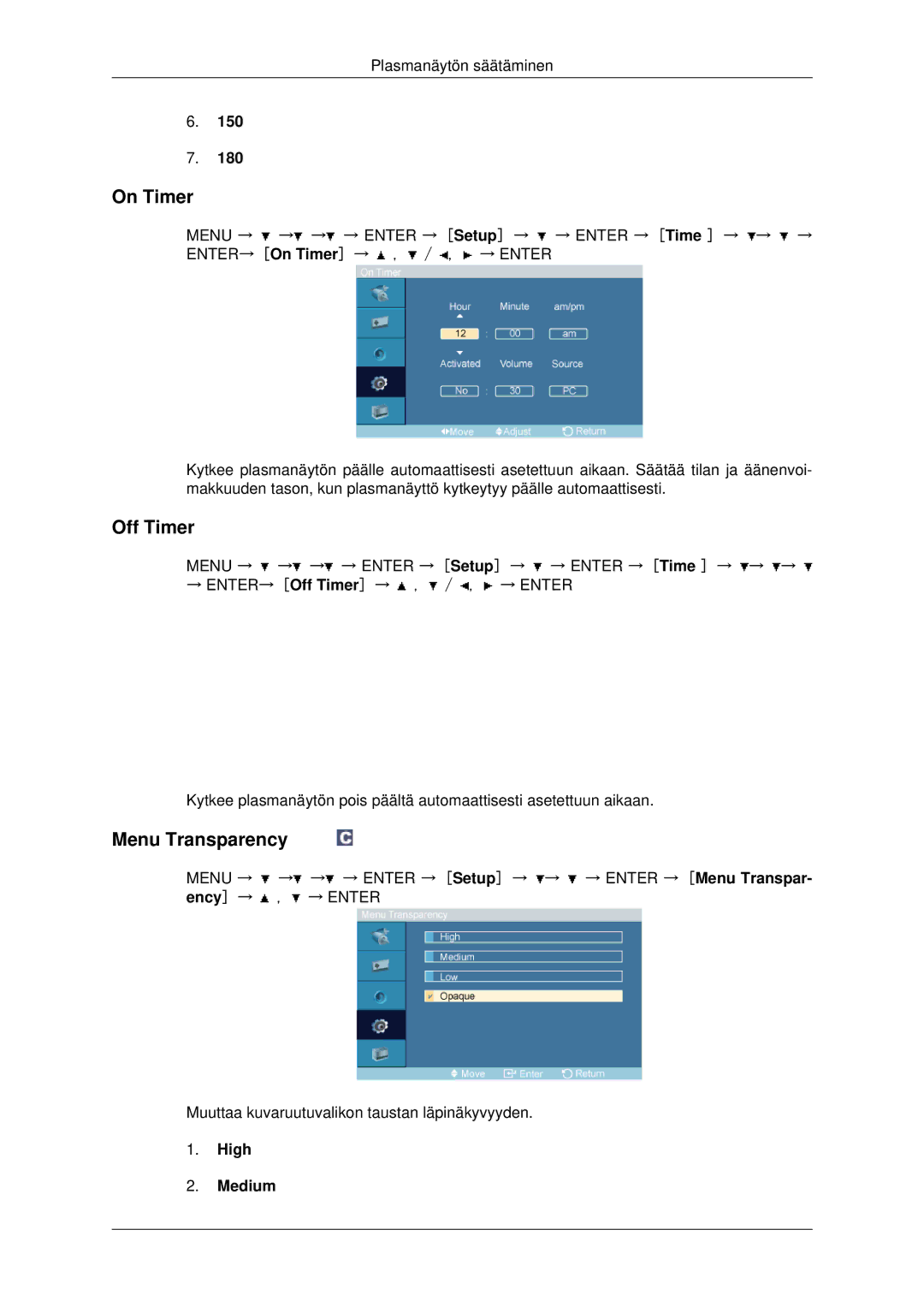 Samsung PH42KPPLBC/EN manual On Timer, Off Timer, Menu Transparency, High Medium 