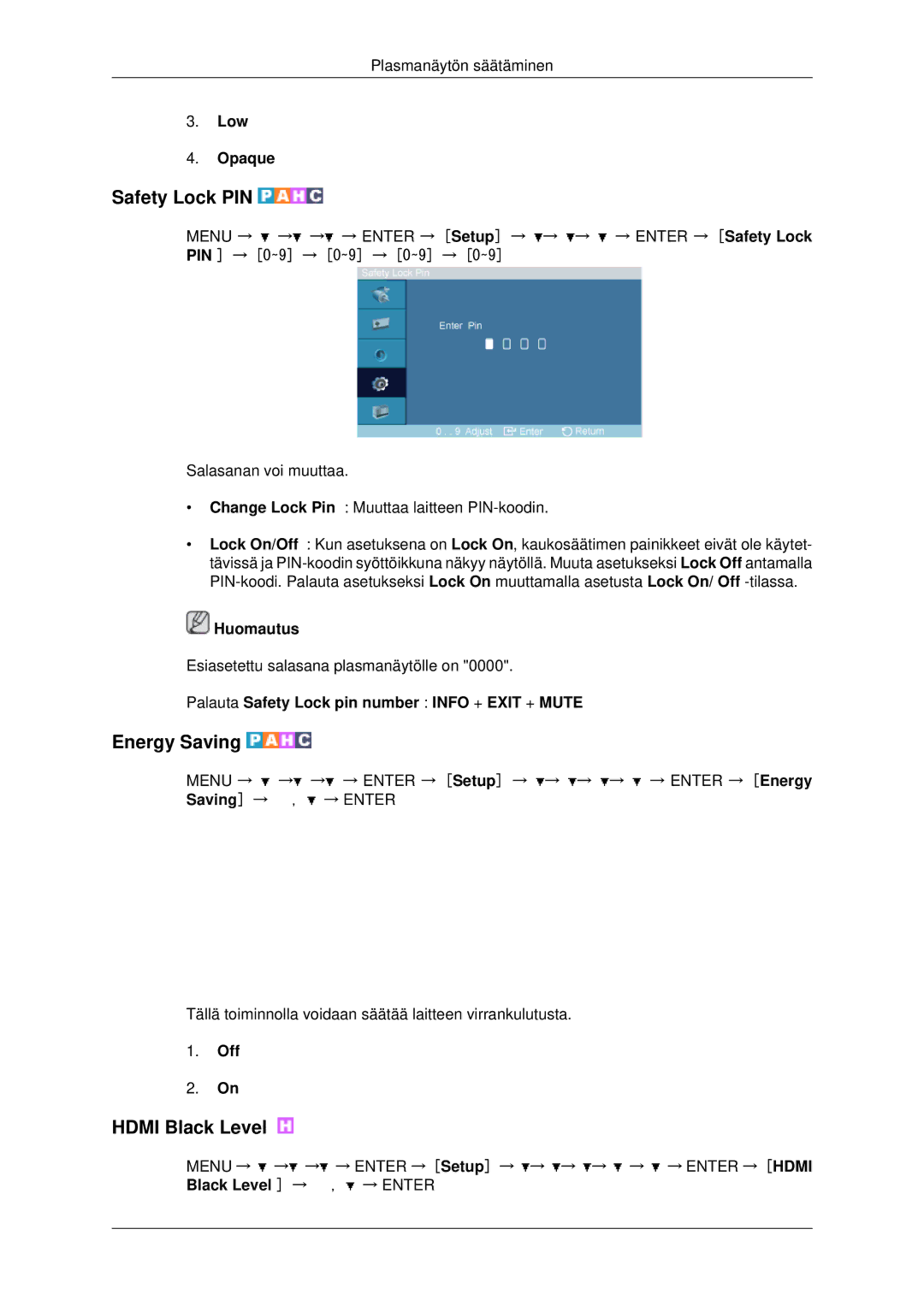 Samsung PH42KPPLBC/EN manual Safety Lock PIN, Energy Saving, Hdmi Black Level, Low Opaque 