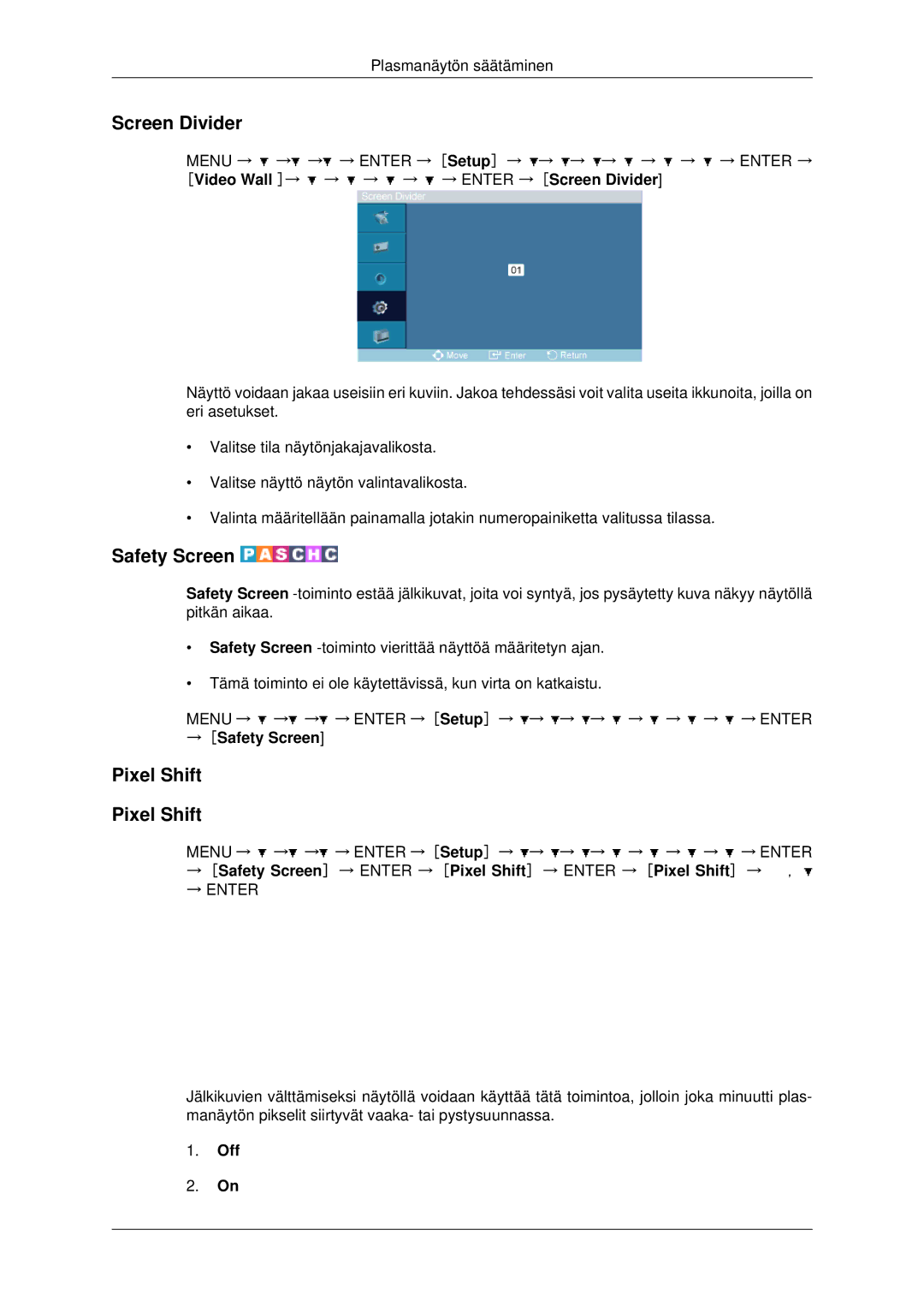 Samsung PH42KPPLBC/EN manual Screen Divider, Safety Screen, Pixel Shift 