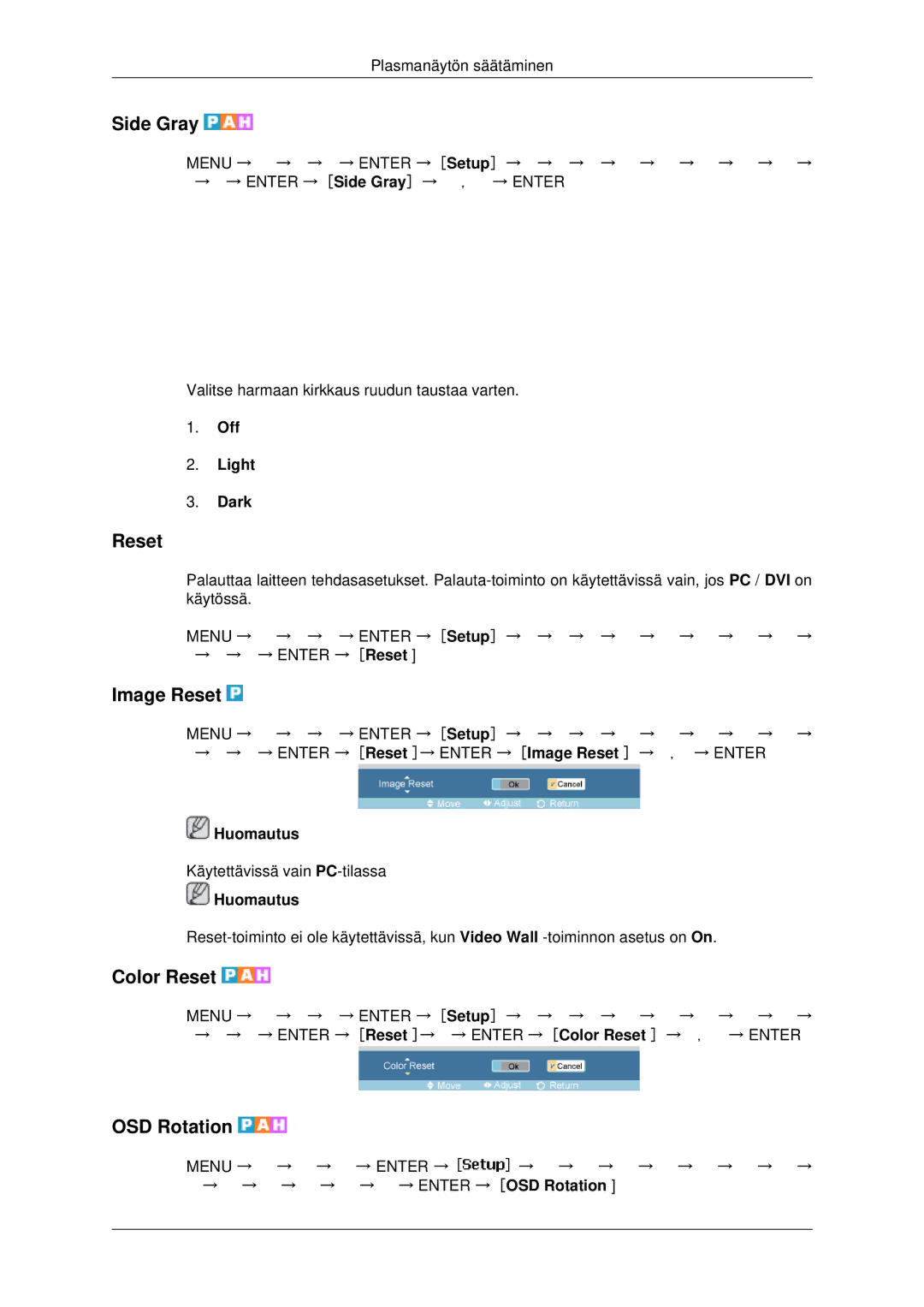 Samsung PH42KPPLBC/EN manual Side Gray, Image Reset, Color Reset, OSD Rotation 