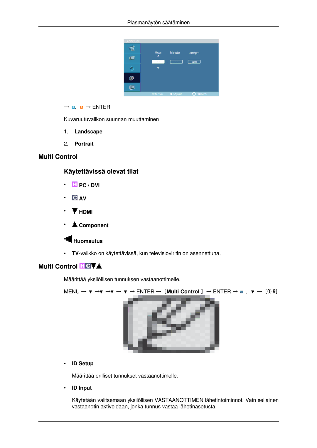 Samsung PH42KPPLBC/EN manual Multi Control Käytettävissä olevat tilat, Landscape Portrait, ID Setup, ID Input 