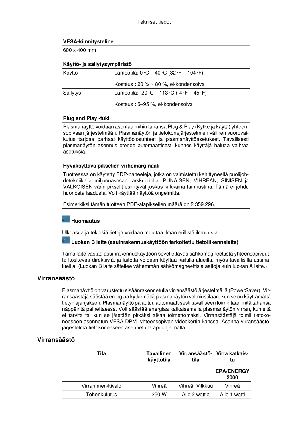 Samsung PH42KPPLBC/EN manual Virransäästö 