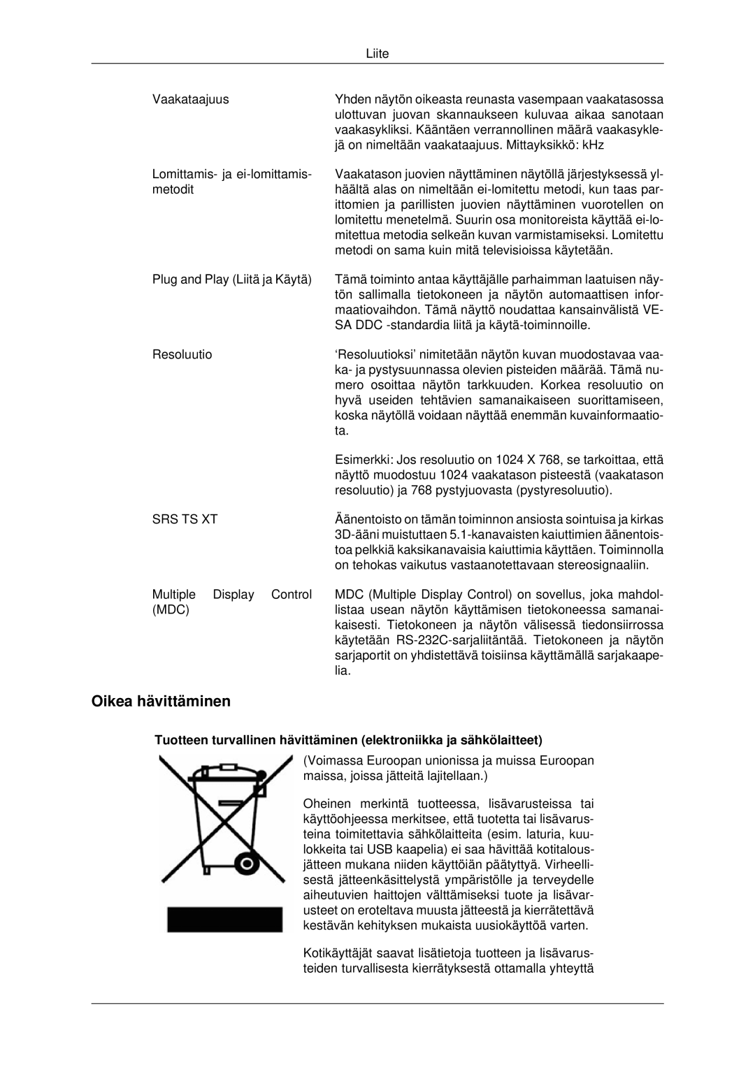 Samsung PH42KPPLBC/EN manual Oikea hävittäminen, Srs Ts Xt 