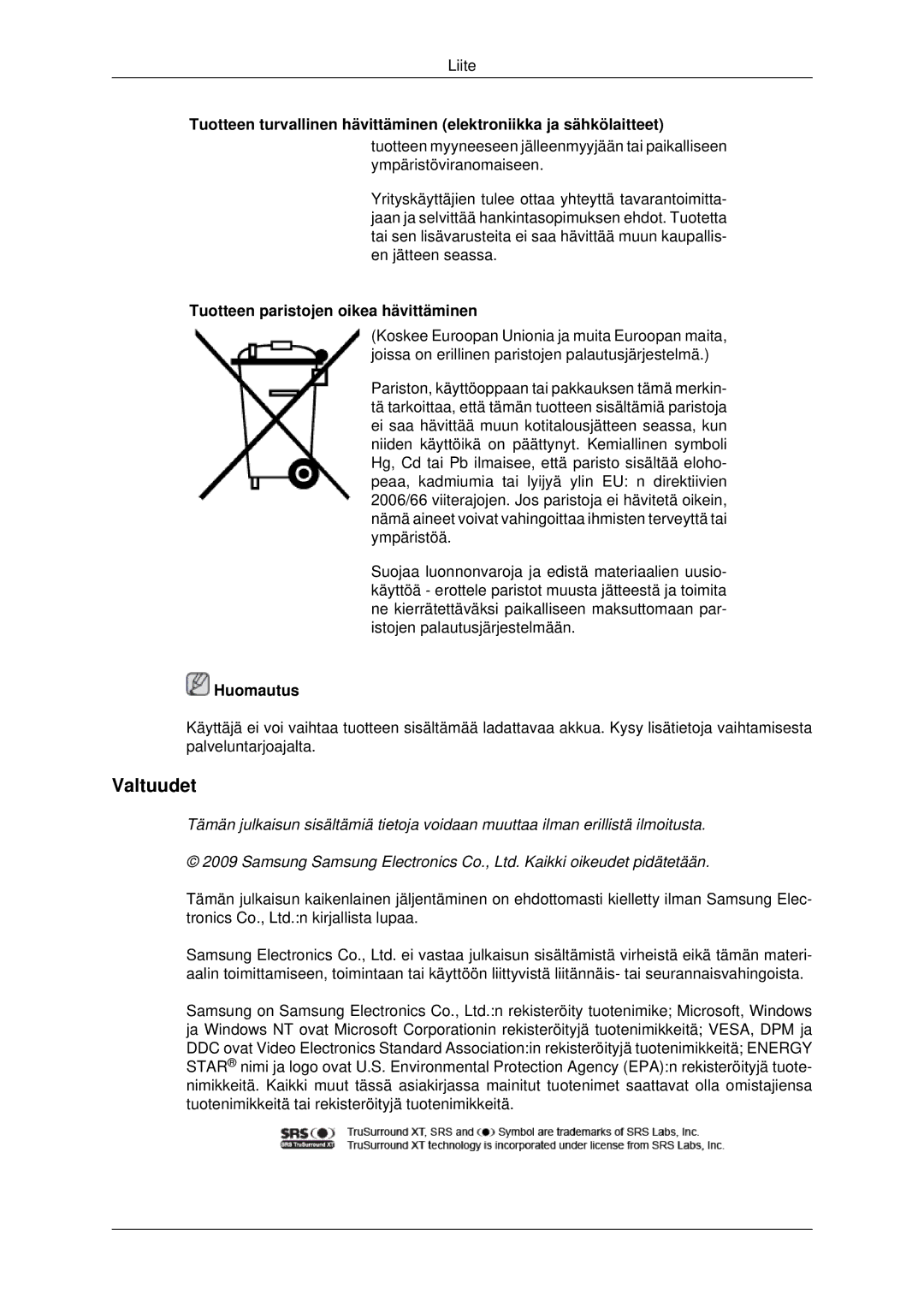 Samsung PH42KPPLBC/EN manual Valtuudet, Tuotteen paristojen oikea hävittäminen 