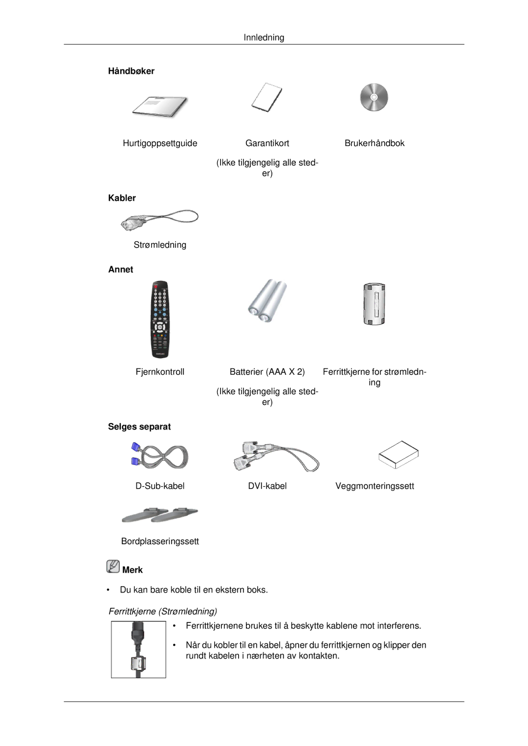 Samsung PH42KPPLBC/EN manual Håndbøker, Kabler, Annet, Selges separat 