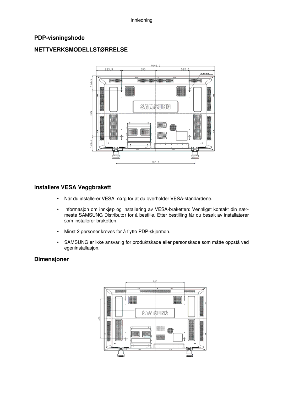 Samsung PH42KPPLBC/EN manual PDP-visningshode, Installere Vesa Veggbrakett, Dimensjoner 