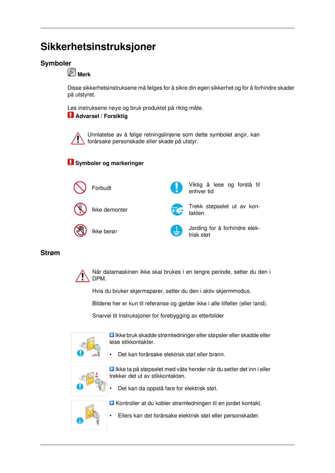 Samsung PH42KPPLBC/EN manual Strøm, Merk, Symboler og markeringer 