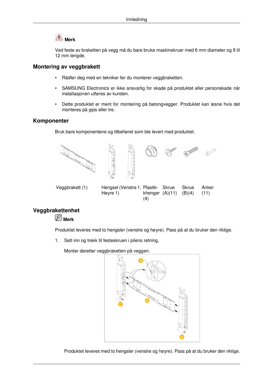 Samsung PH42KPPLBC/EN manual Montering av veggbrakett, Komponenter, Veggbrakettenhet 