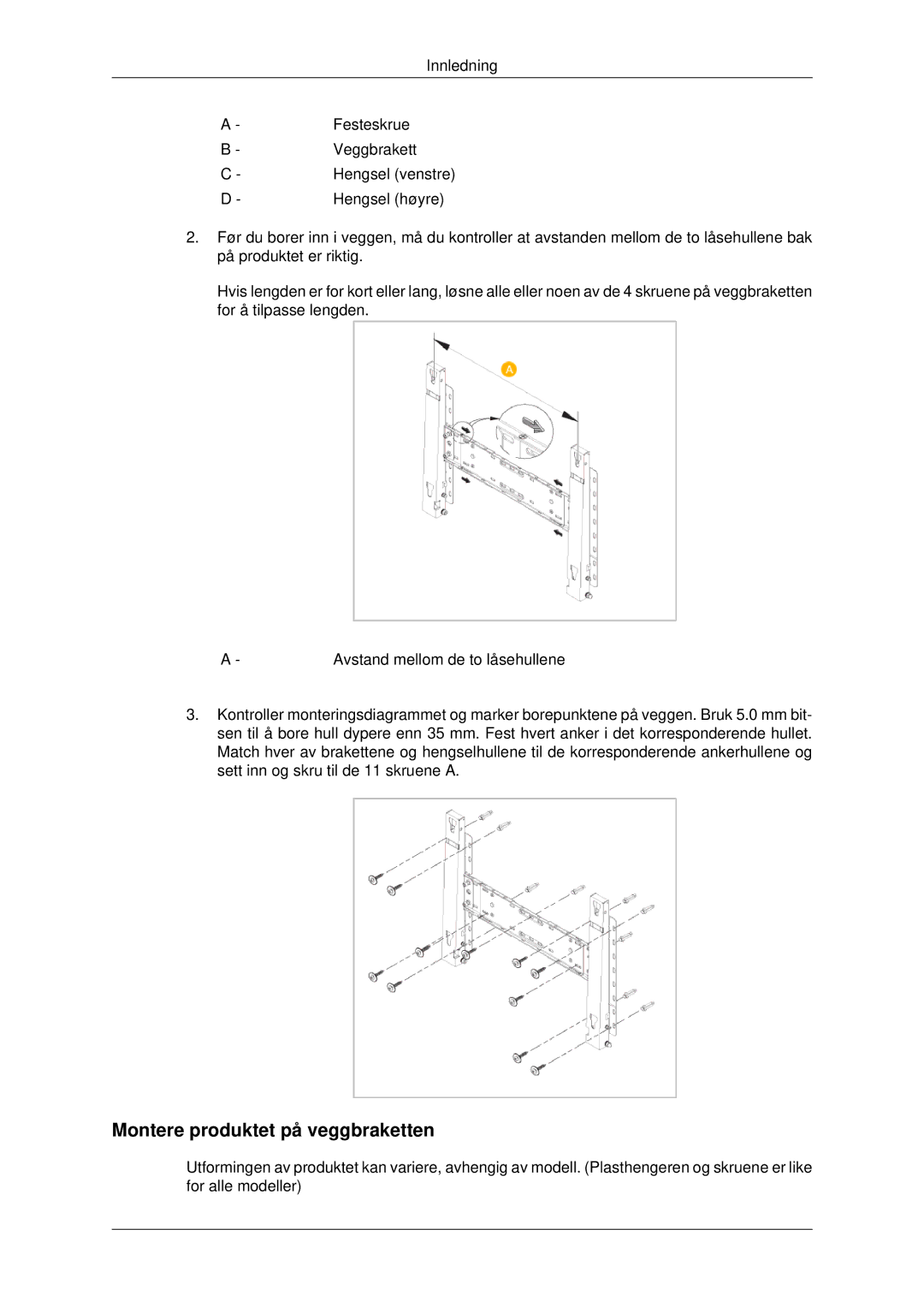 Samsung PH42KPPLBC/EN manual Montere produktet på veggbraketten 