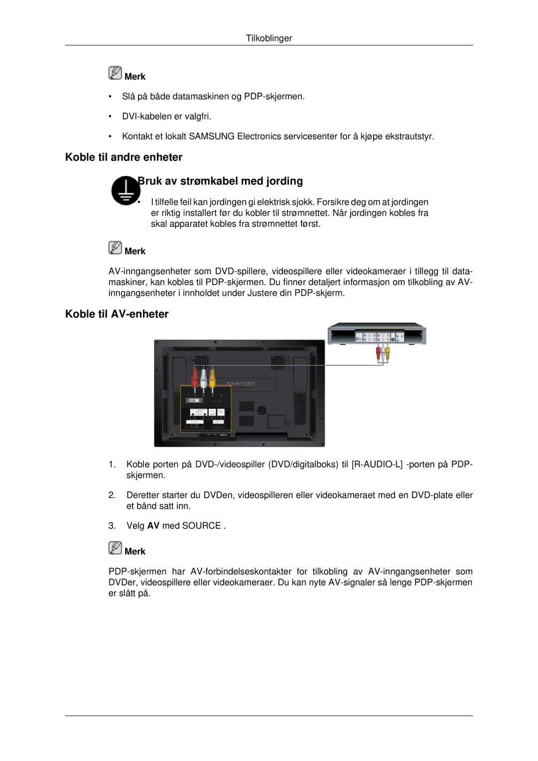 Samsung PH42KPPLBC/EN manual Koble til andre enheter Bruk av strømkabel med jording, Koble til AV-enheter 