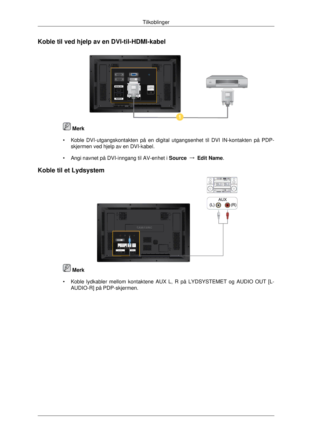 Samsung PH42KPPLBC/EN manual Koble til ved hjelp av en DVI-til-HDMI-kabel, Koble til et Lydsystem 