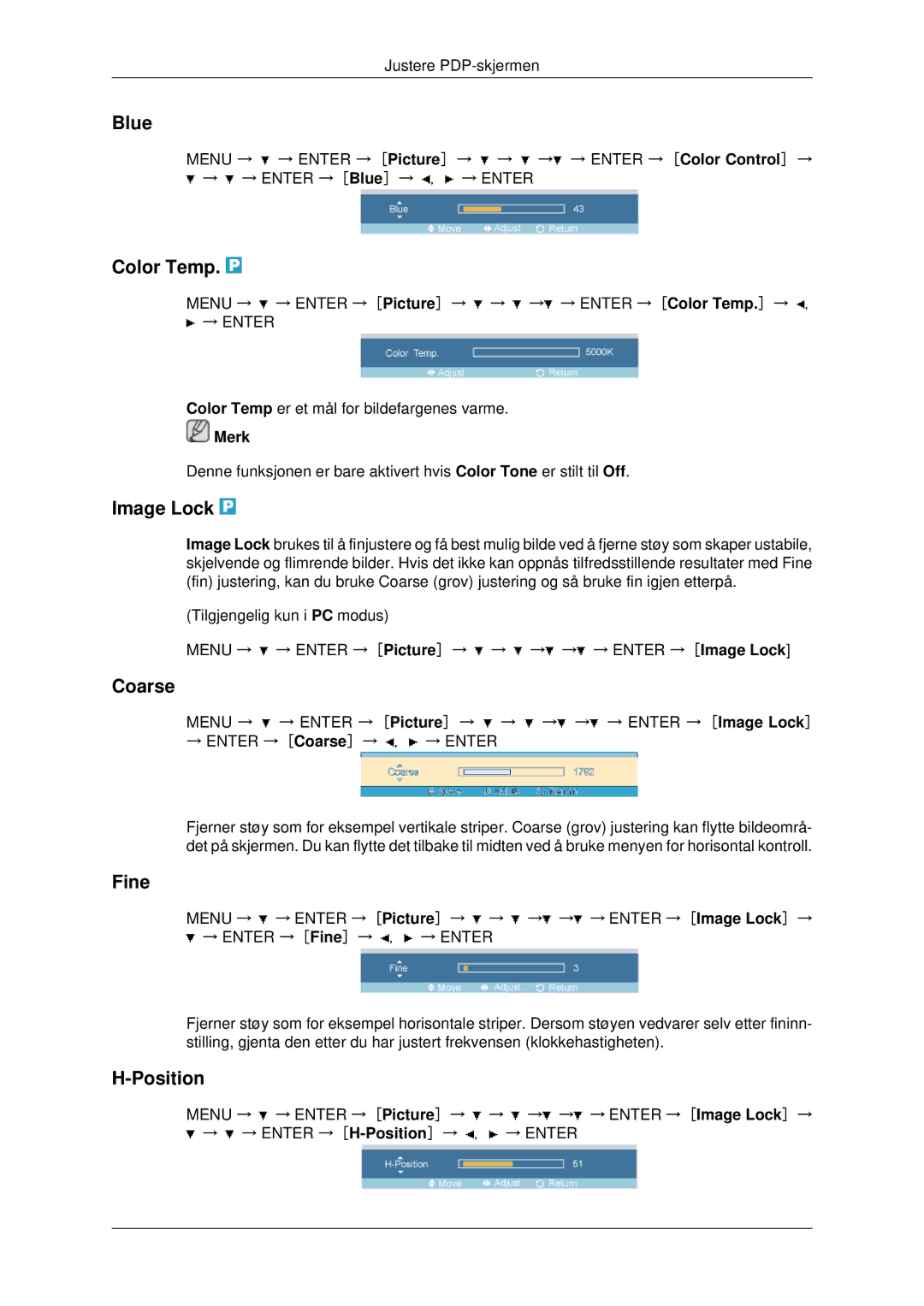 Samsung PH42KPPLBC/EN manual Blue, Color Temp, Image Lock, Coarse, Fine, Position 