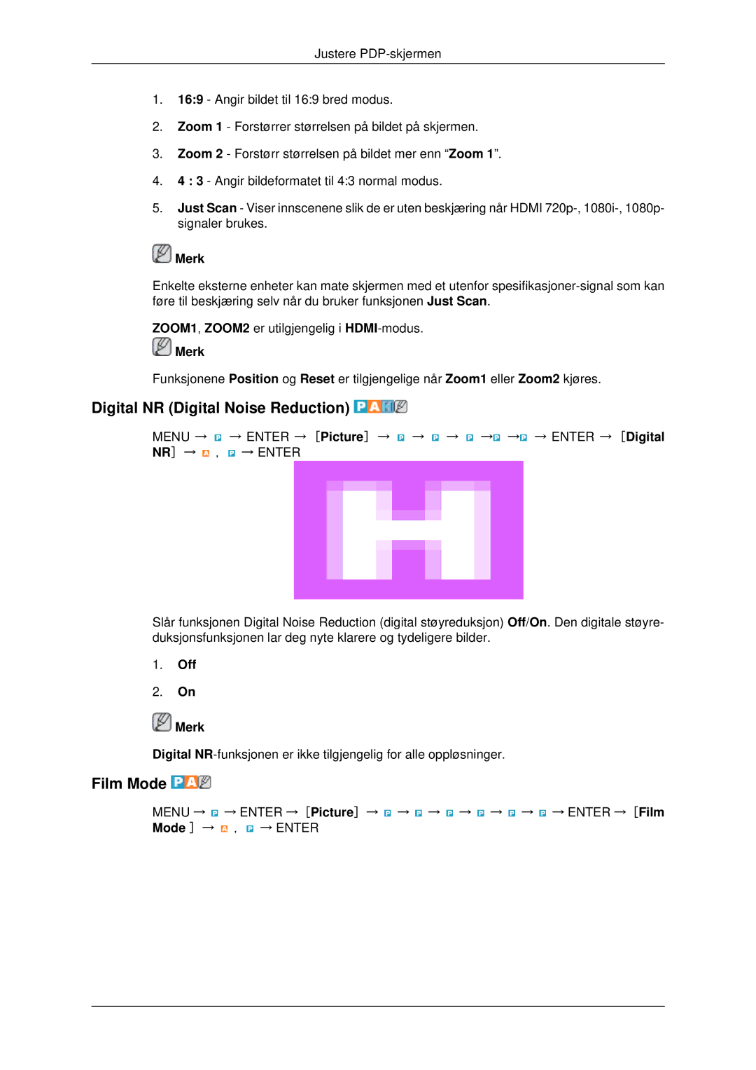 Samsung PH42KPPLBC/EN manual Digital NR Digital Noise Reduction, Film Mode, Off Merk 