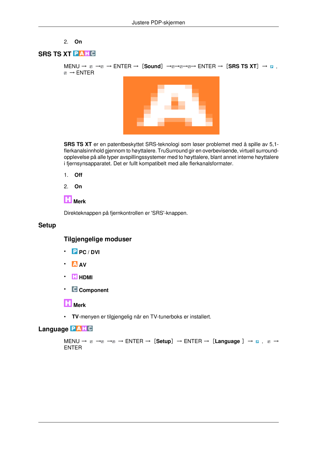 Samsung PH42KPPLBC/EN manual Setup Tilgjengelige moduser, Language 