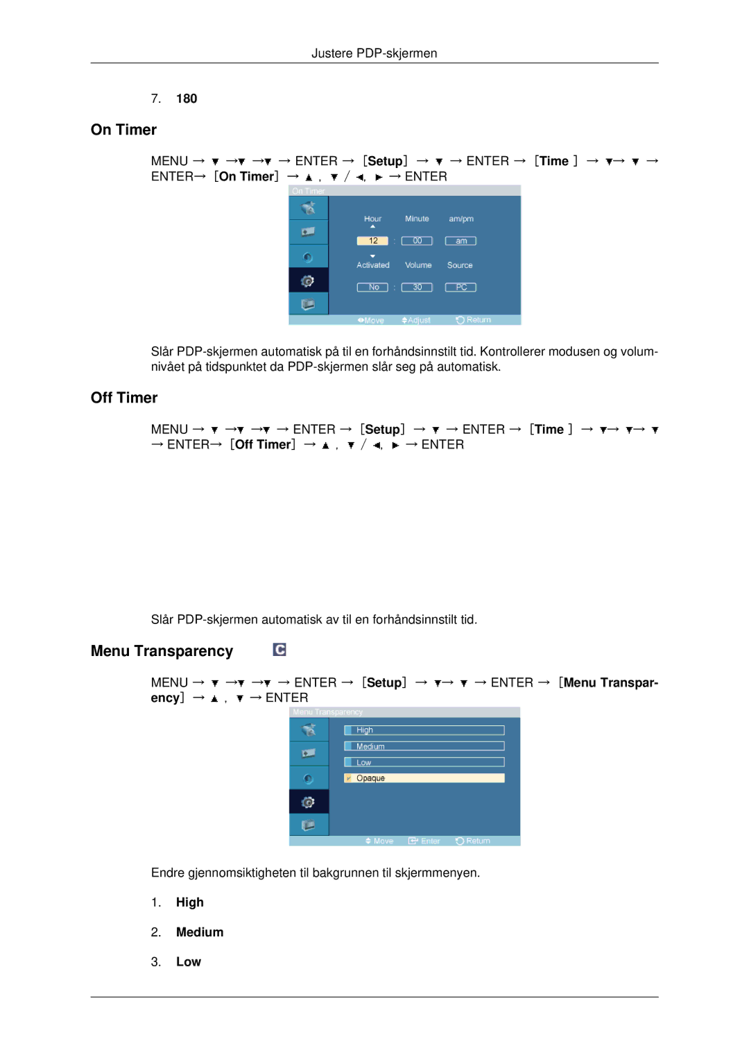 Samsung PH42KPPLBC/EN manual On Timer, Off Timer, Menu Transparency, High Medium Low 