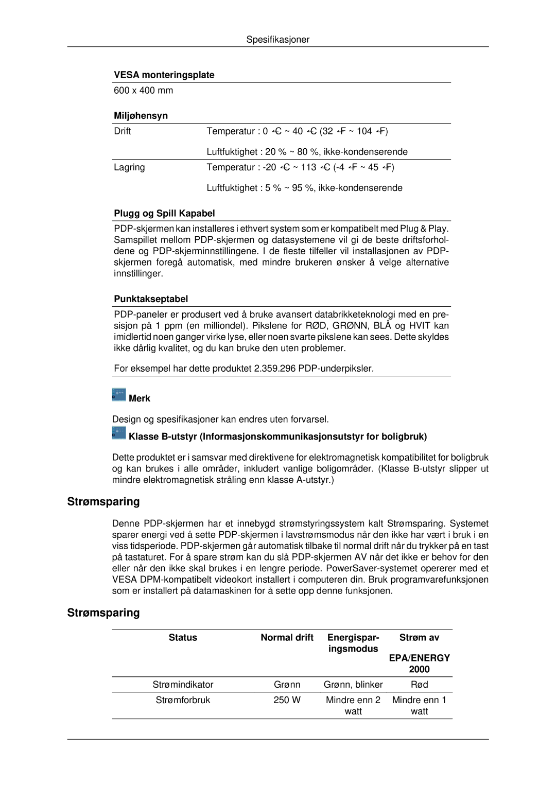 Samsung PH42KPPLBC/EN manual Strømsparing 