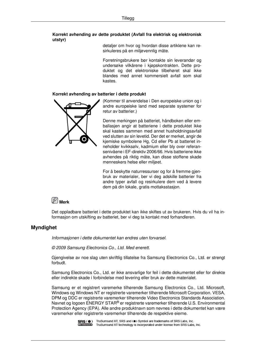 Samsung PH42KPPLBC/EN manual Myndighet, Korrekt avhending av batterier i dette produkt 