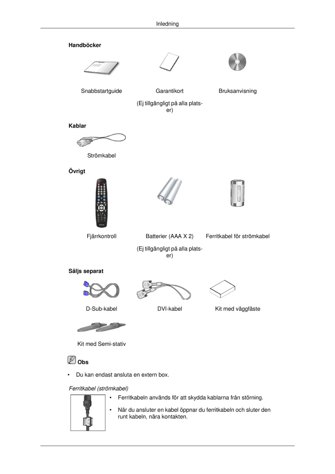 Samsung PH42KPPLBC/EN manual Handböcker, Kablar, Övrigt, Säljs separat 