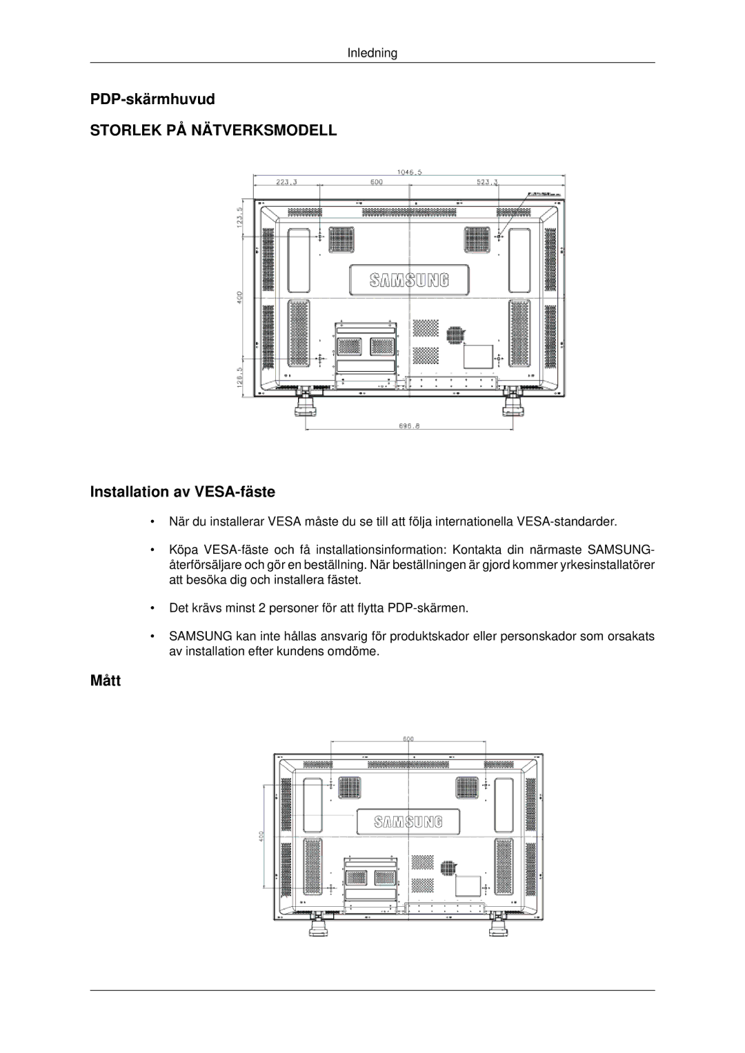 Samsung PH42KPPLBC/EN manual PDP-skärmhuvud, Installation av VESA-fäste, Mått 