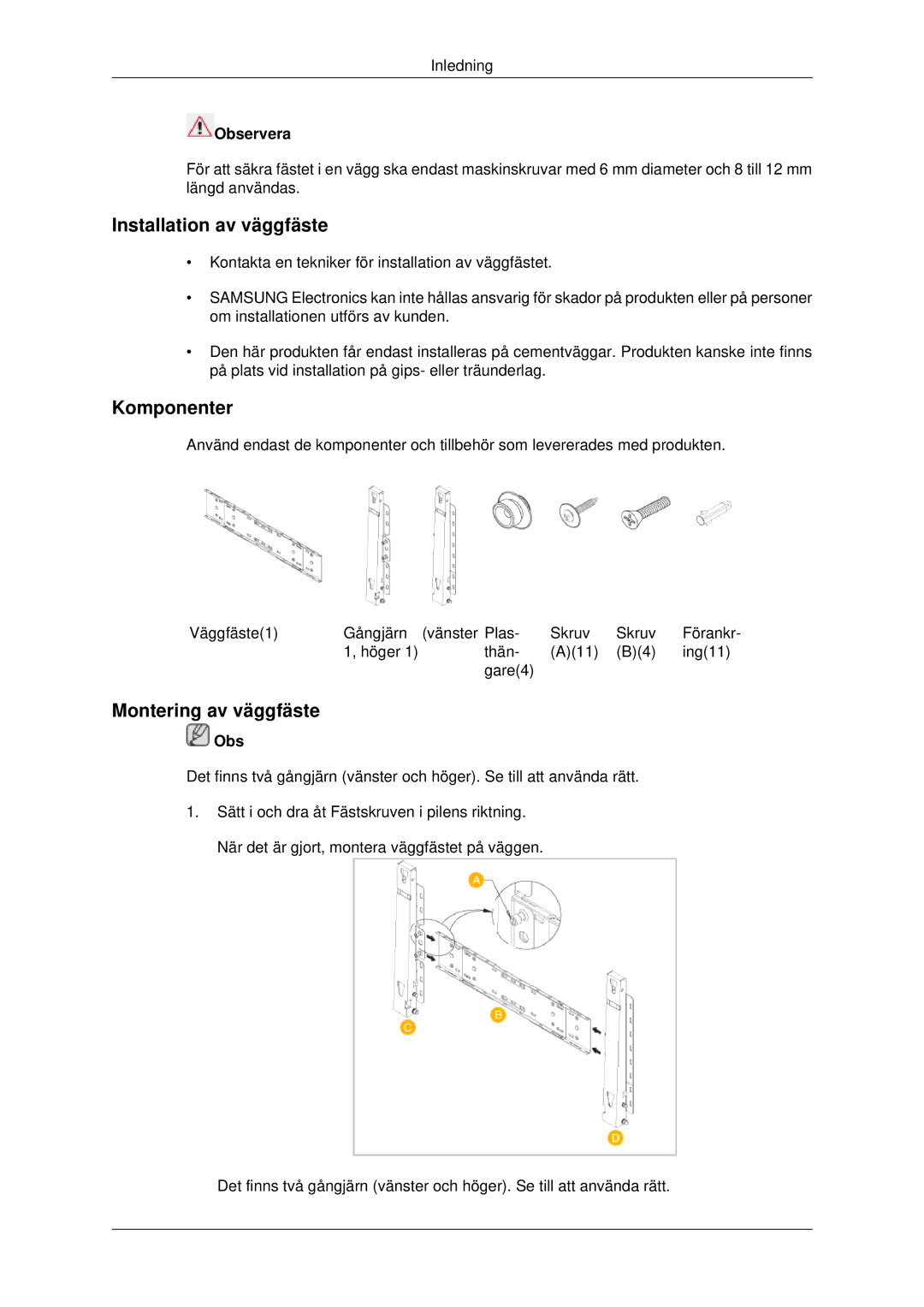 Samsung PH42KPPLBC/EN manual Installation av väggfäste, Komponenter, Montering av väggfäste, Observera 